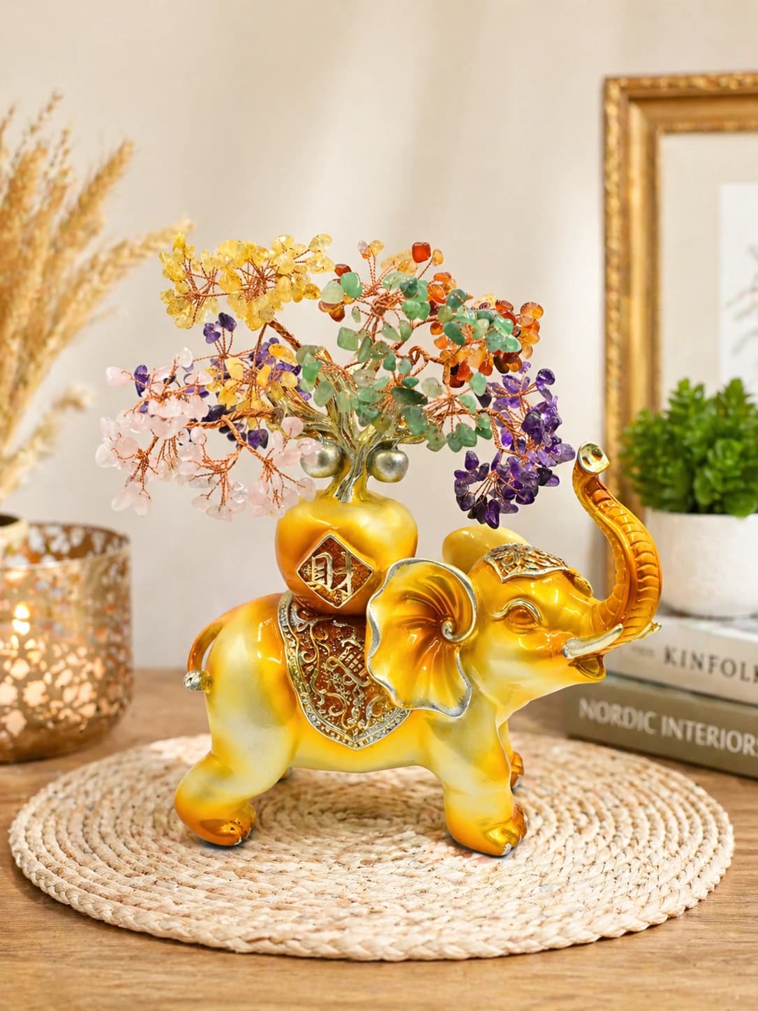 Royal Golden Feng Shui Elephant (Trunk-Up) with 5-Stone Crystal Wealth Tree– Handcrafted Decorative Showpiece for Wealth, Luck & Positive Energy