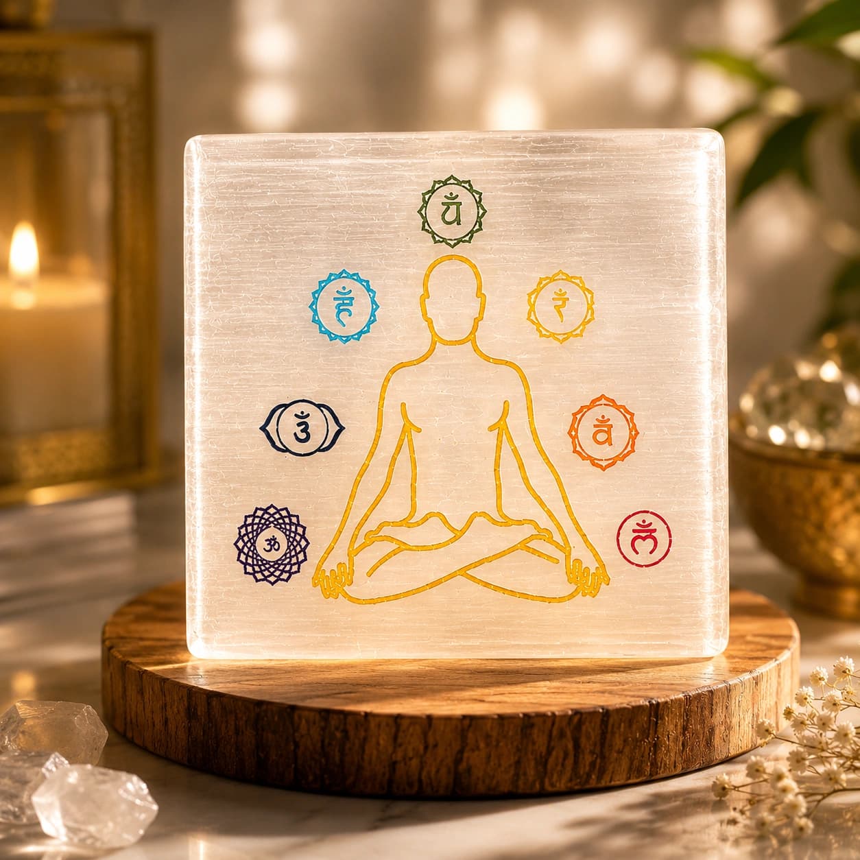Selenite 7 Chakra Balancing Plate – Engraved Meditation Crystal Square