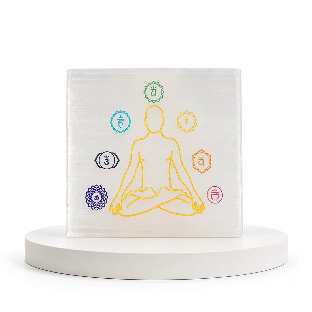 Selenite 7 Chakra Balancing Plate – Engraved Meditation Crystal Square 2