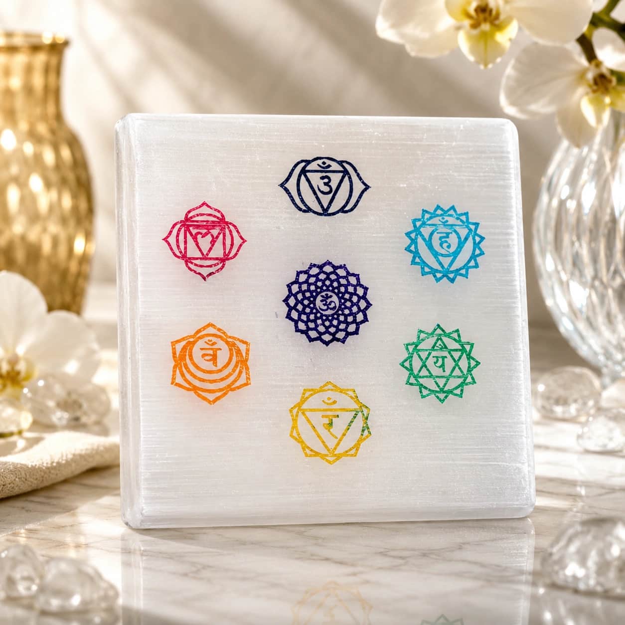 Selenite 7 Chakra Symbol Plate – Colour-Engraved Crystal Square Decor 1