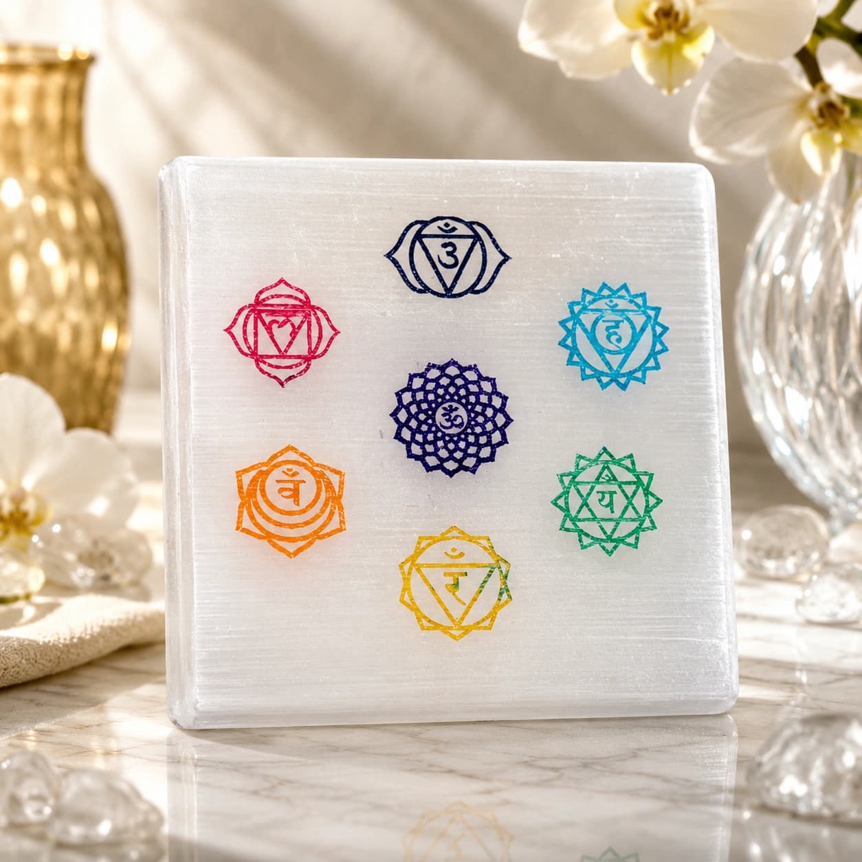 Selenite 7 Chakra Symbol Plate – Colour-Engraved Crystal Square Decor