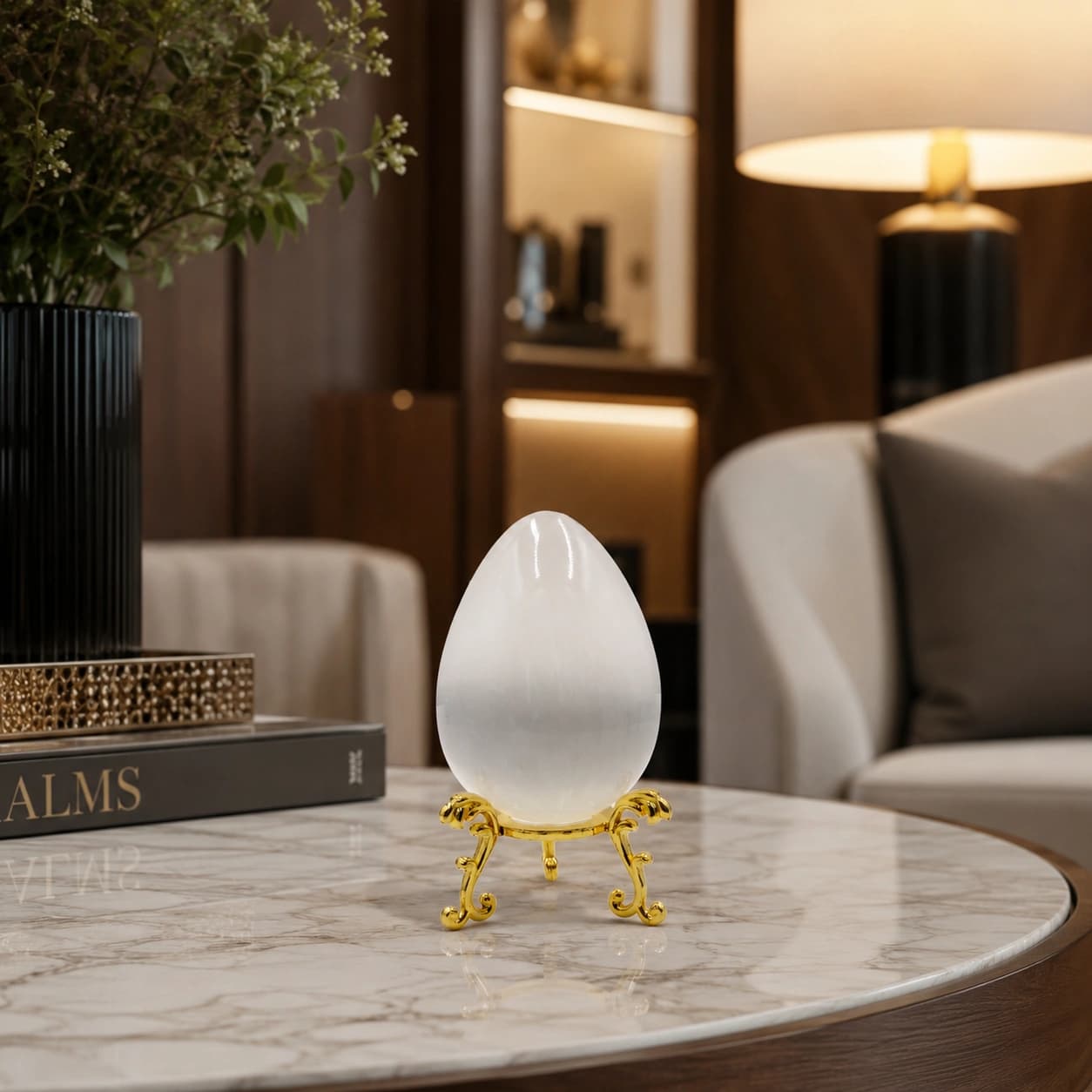 Selenite Egg Décor — Handcrafted Natural Crystal Egg with Ornate Gold Display Stand | Translucent White Home Accent