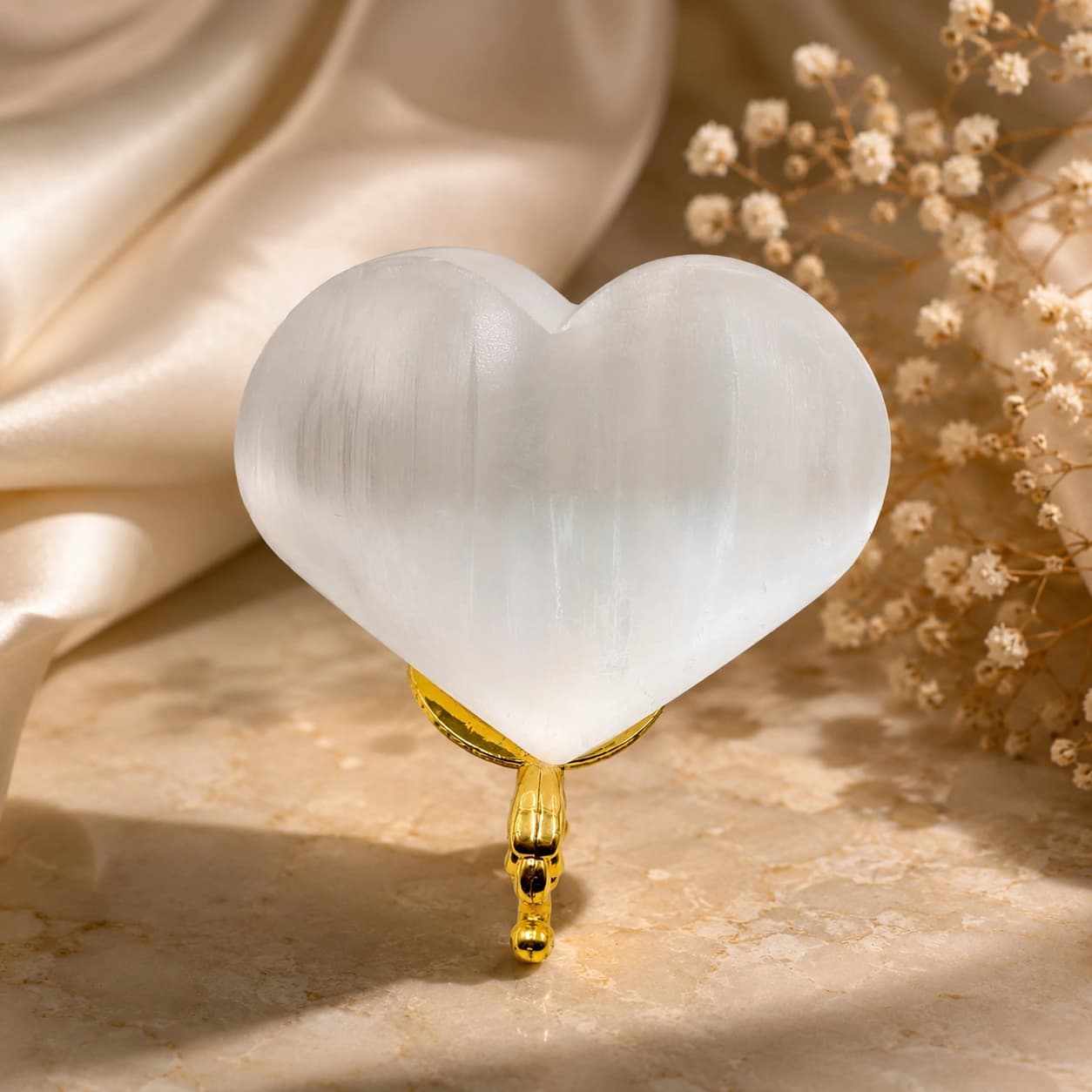 Selenite Heart Décor — Handcrafted Natural Crystal Heart with Elegant Gold Display Stand | Translucent White Home Accent