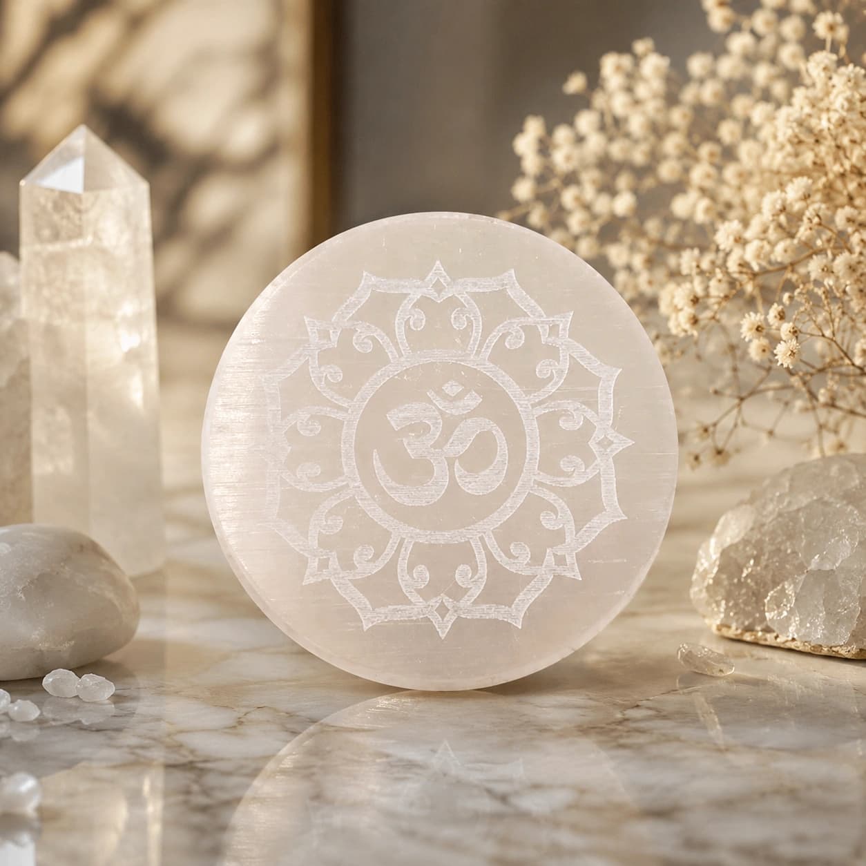 Selenite Om Plaque – Engraved Om Mandala Crystal Disc Decor