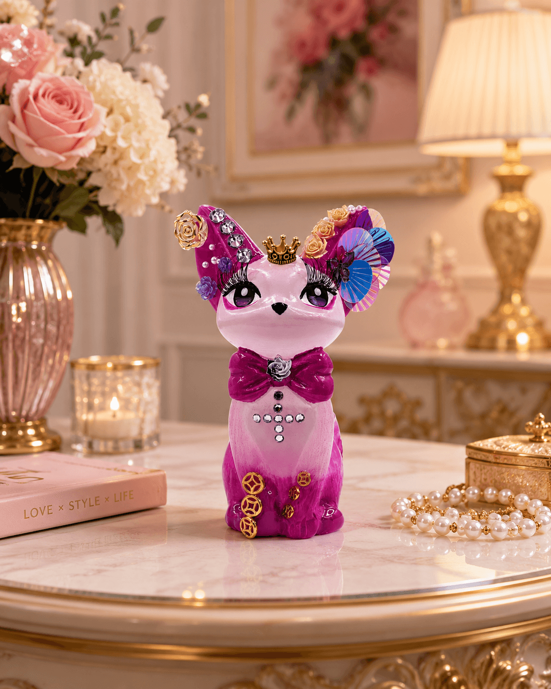 Selenite Royal Kitty Figurine | Handcrafted Premium Selenite Stone | Hand-Painted Embellished Cat Décor | Luxury Home Décor & Gifting