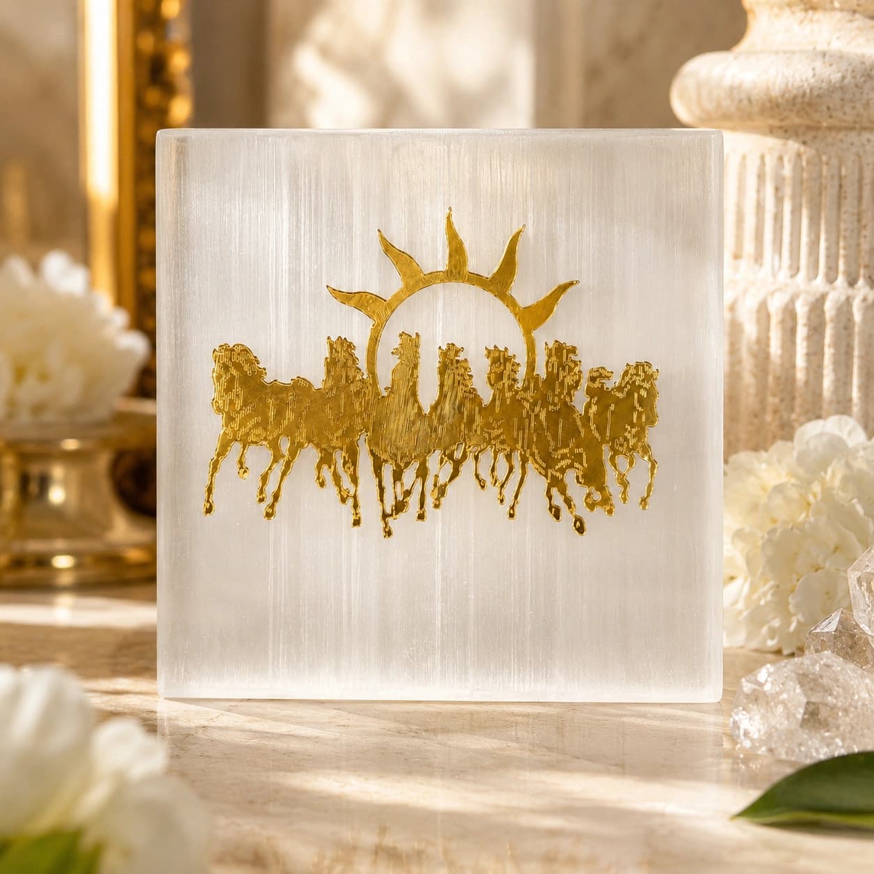 Selenite Seven Horse Sunrise Plaque – Gold Engraved Crystal Square Decor