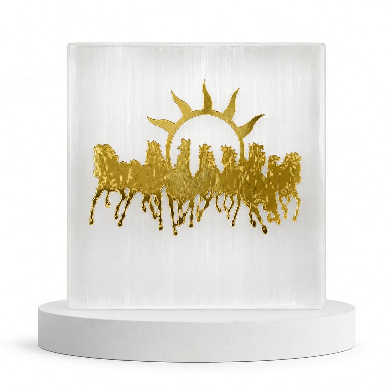 Selenite Seven Horse Sunrise Plaque – Gold Engraved Crystal Square Decor 2