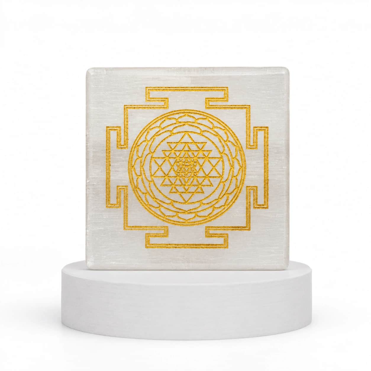 Selenite Sri Yantra Sacred Geometry Plaque – Gold Engraved Crystal Square Decor 2
