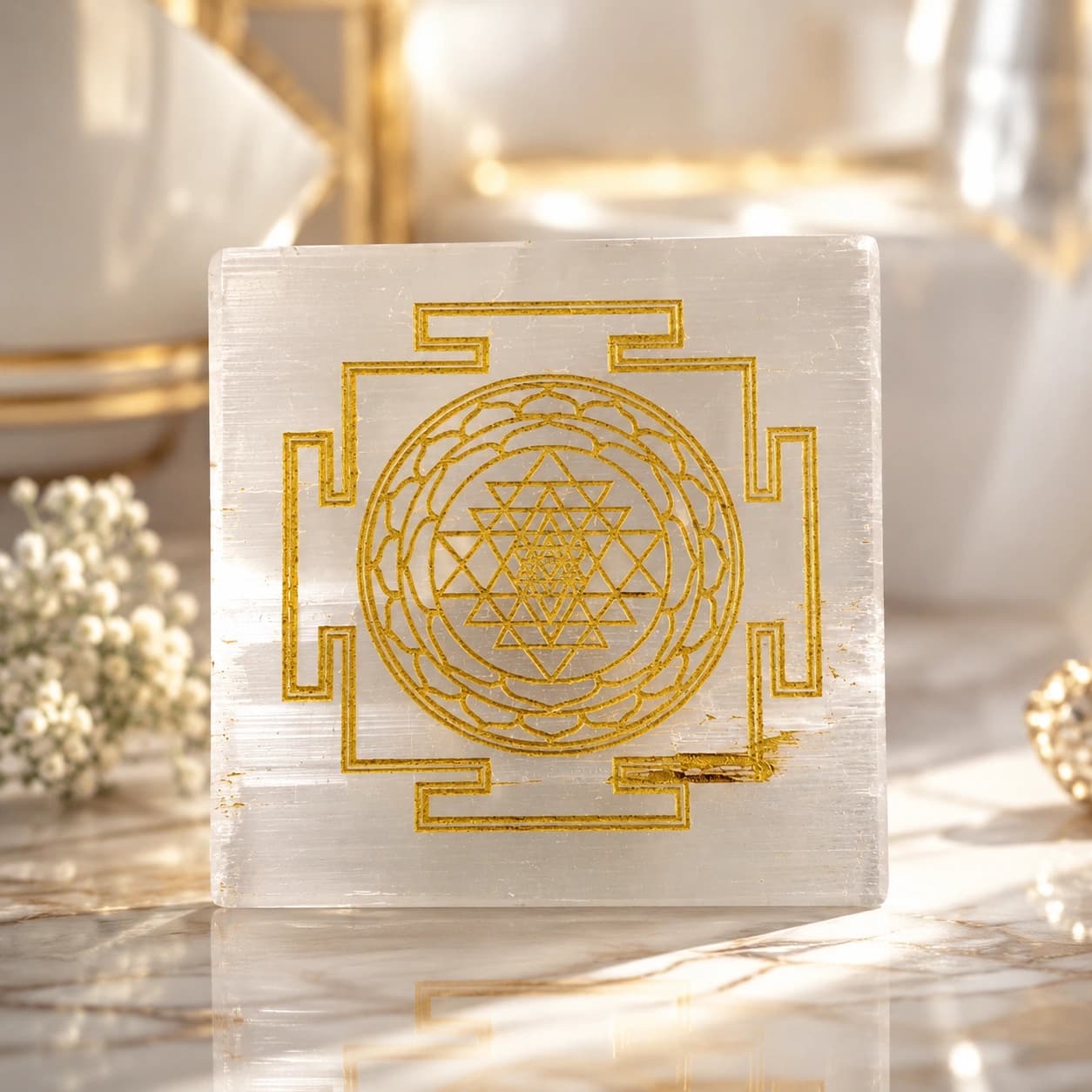 Selenite Sri Yantra Sacred Geometry Plaque – Gold Engraved Crystal Square Decor
