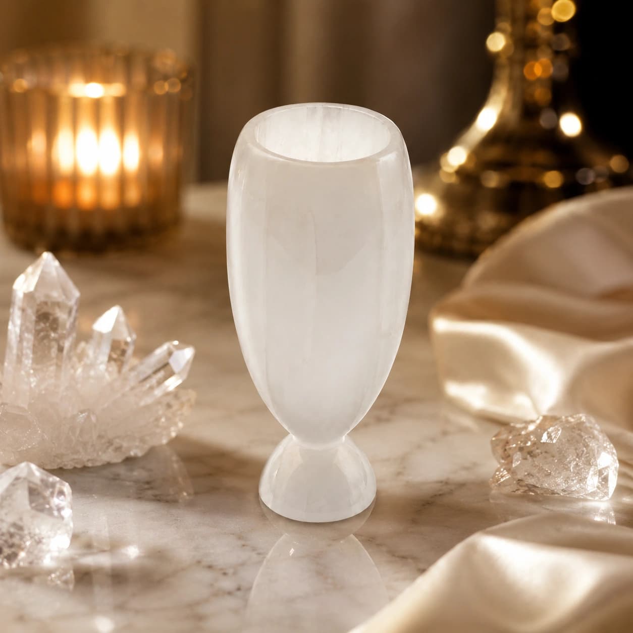 Selenite Vase | Handcrafted Natural Crystal Vase | White Selenite Stone Pedestal Vase | Luxury Home Décor Accent