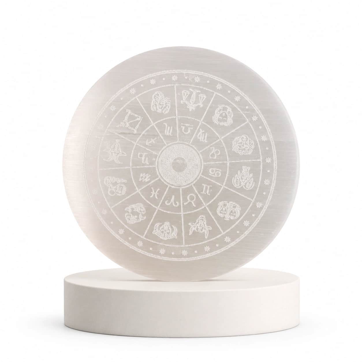 Selenite Zodiac Disc Decor – Engraved Astrology Crystal Disc 2