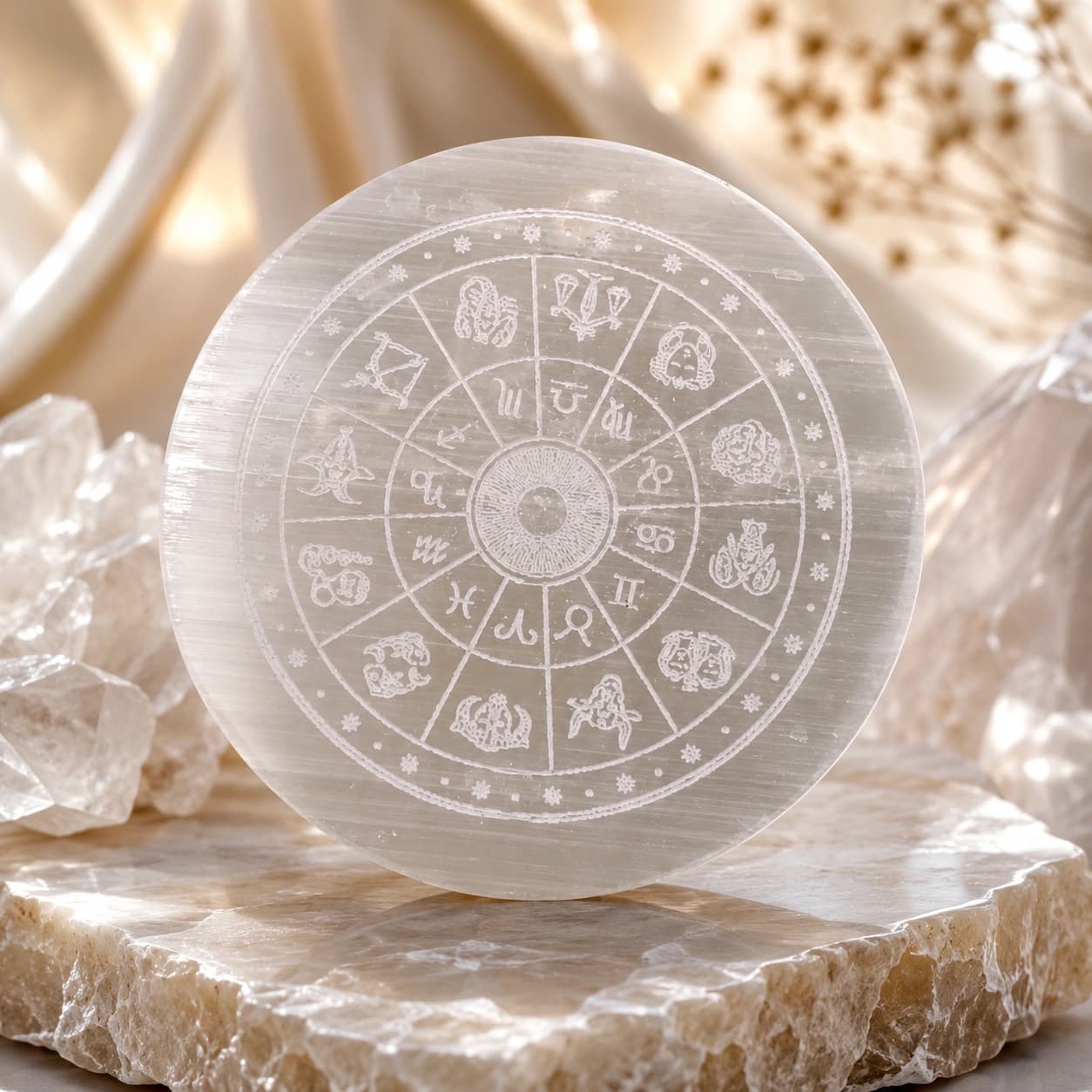 Selenite Zodiac Disc Decor – Engraved Astrology Crystal Disc