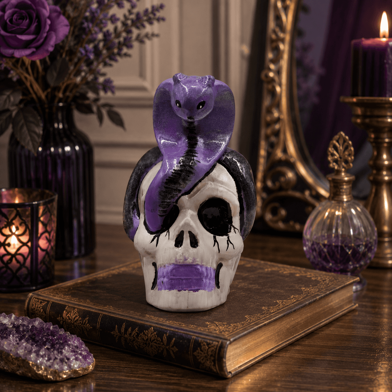 Serpent Skull Figurine | Hand-Painted Premium Resin | Selenite Base | Gothic Dark Décor & Mystical Gifting 1