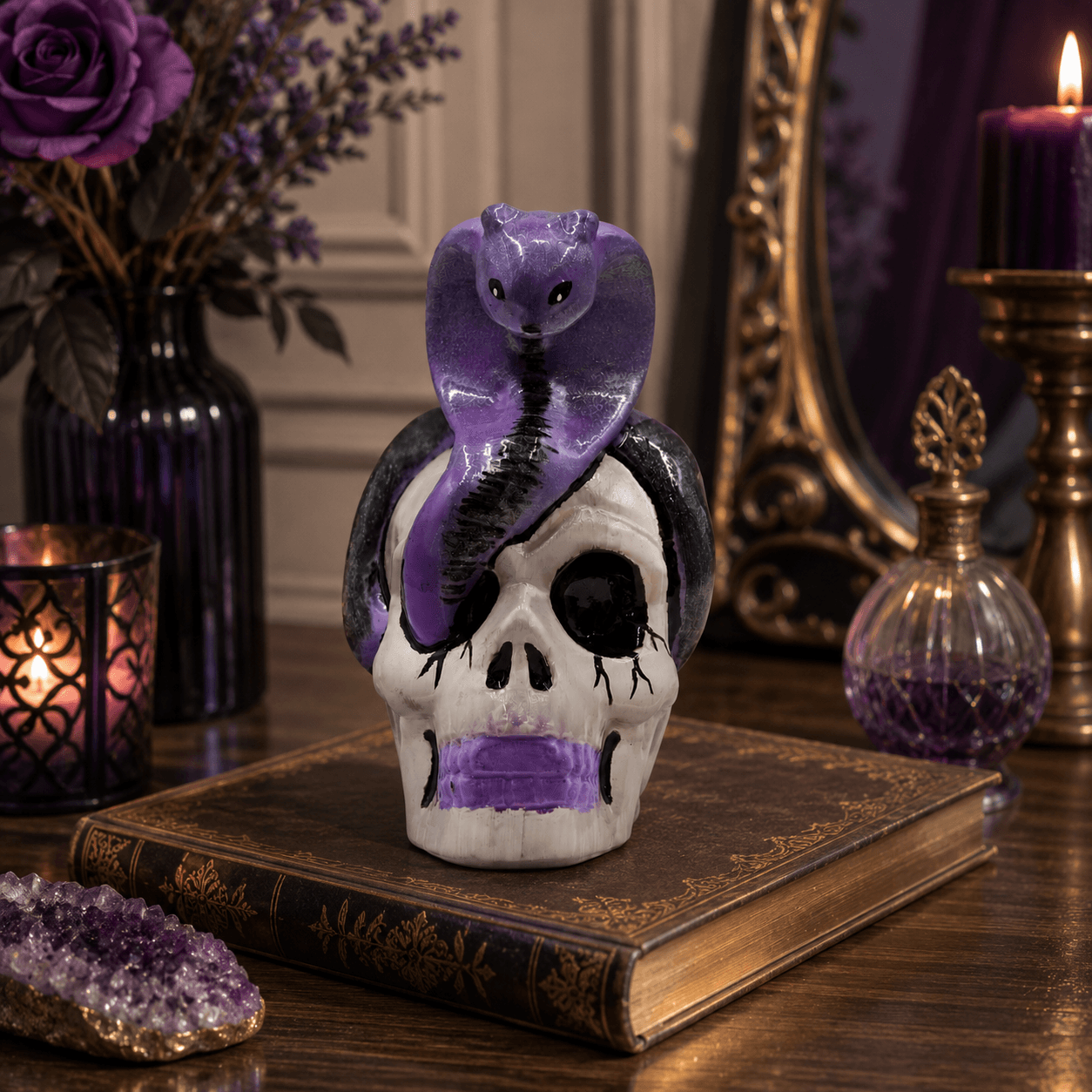 Serpent Skull Figurine | Hand-Painted Premium Resin | Selenite Base | Gothic Dark Décor & Mystical Gifting