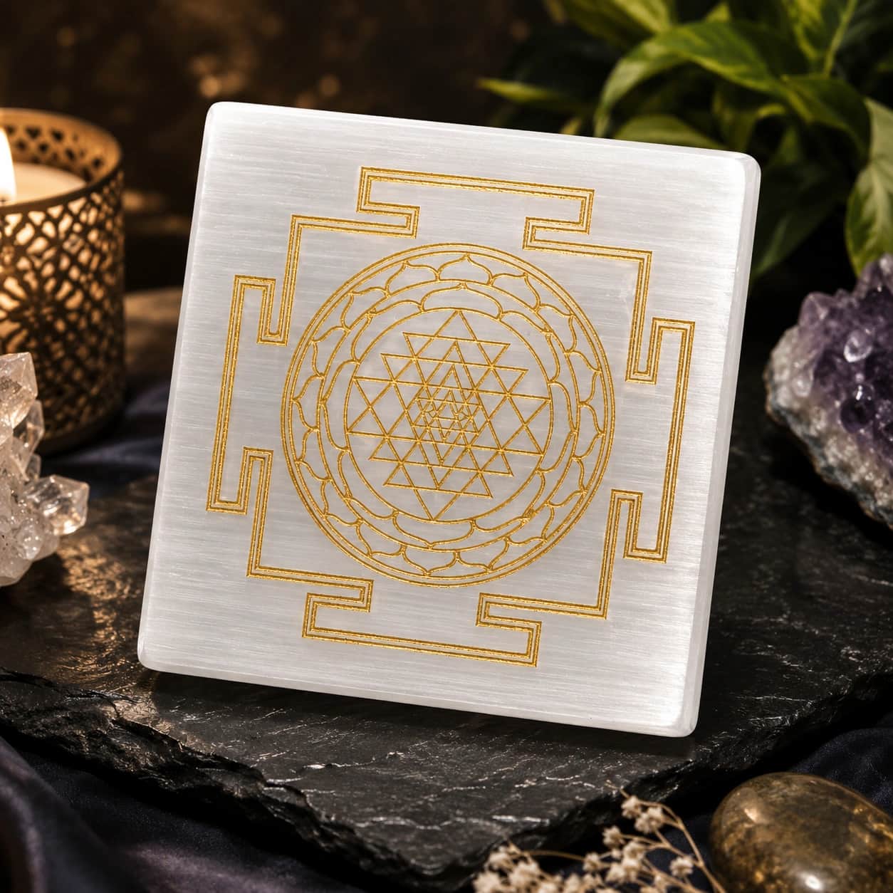 Shree Yantra Selenite Plate for Vastu, Meditation & Prosperity 1