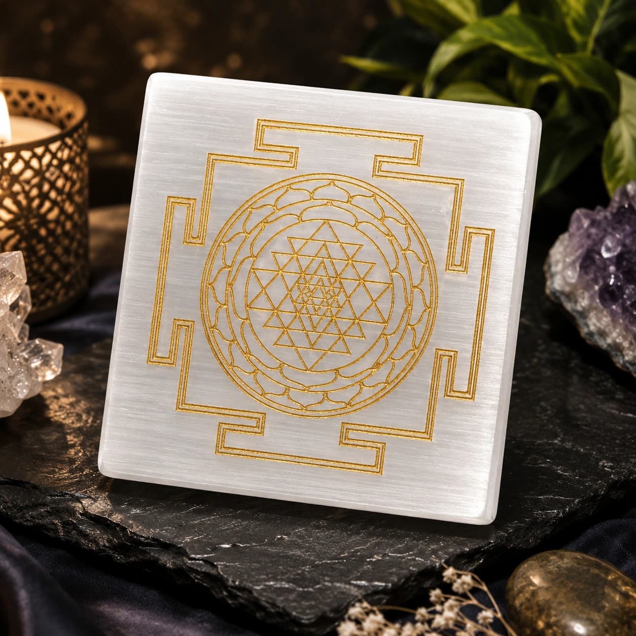 Shree Yantra Selenite Plate for Vastu, Meditation & Prosperity