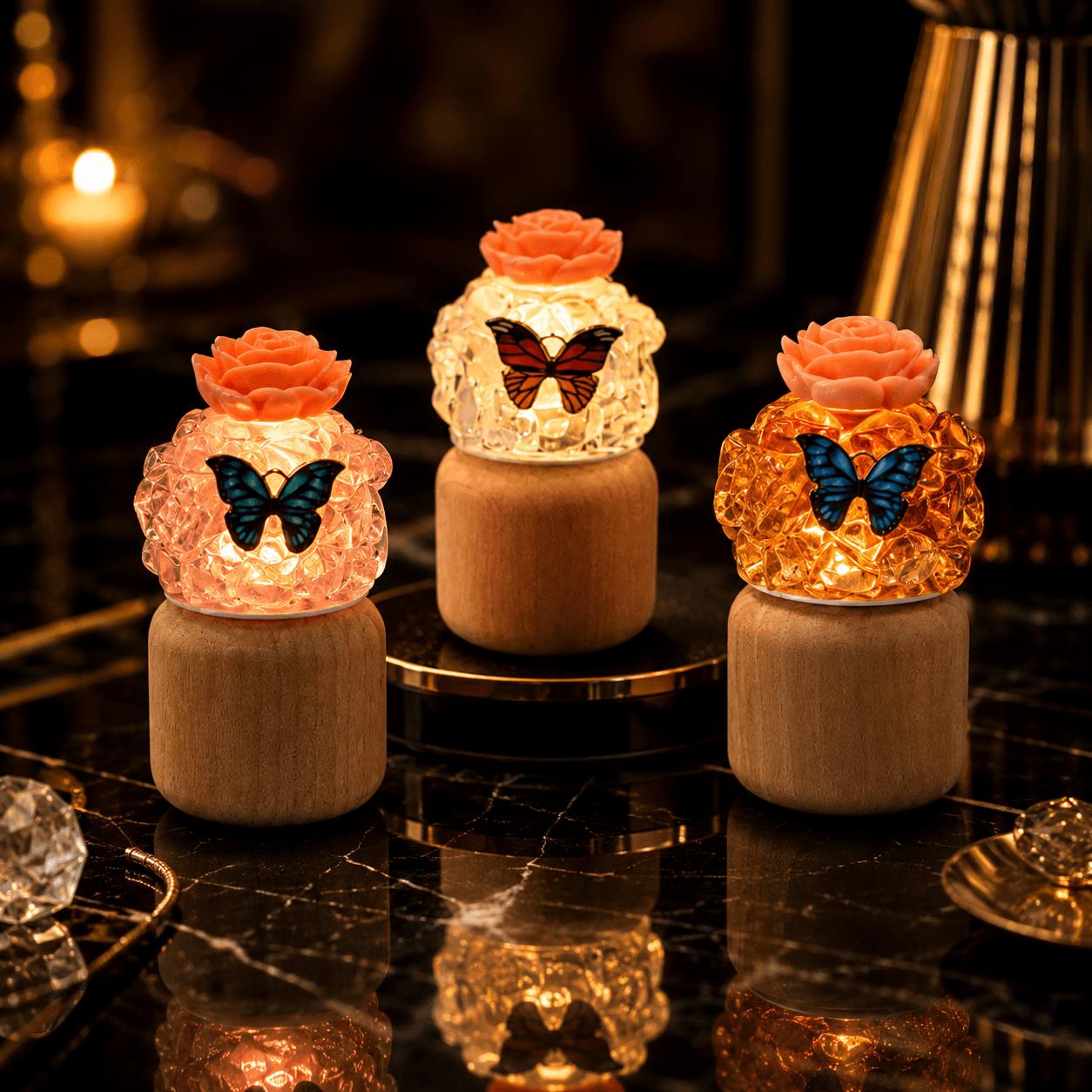 Stone Mart LED Crystal Stone Butterfly Rose Decor Bottle | Mini Wooden Base Warm LED Table Lamp | Natural Crystal Chip Home Décor Gift