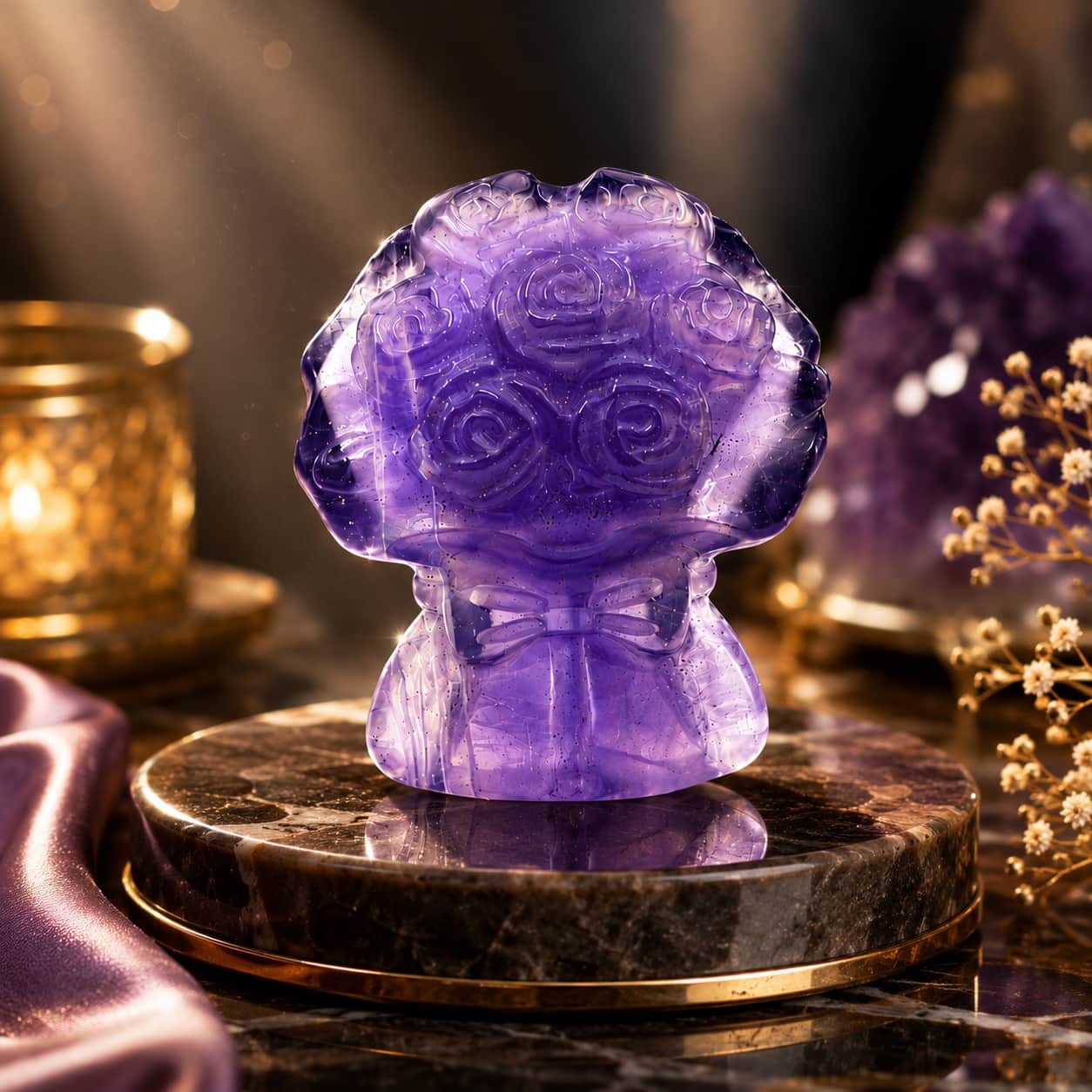 Stone Mart Natural Amethyst Rose Bouquet Crystal Carving, Handcrafted Purple Gemstone Flower Decor, 5 cm 1