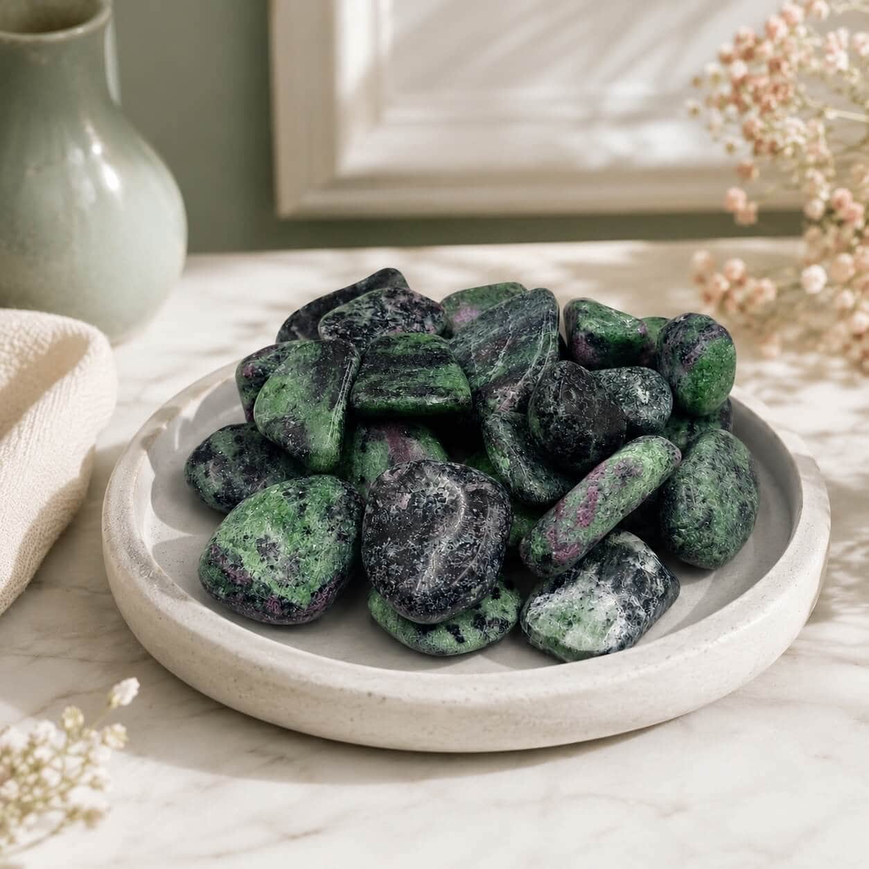 Natural Polished Ruby Zoisite Tumbled Stones | Green Zoisite with Pink Ruby Inclusions | Decorative Healing Crystal Gemstone 1