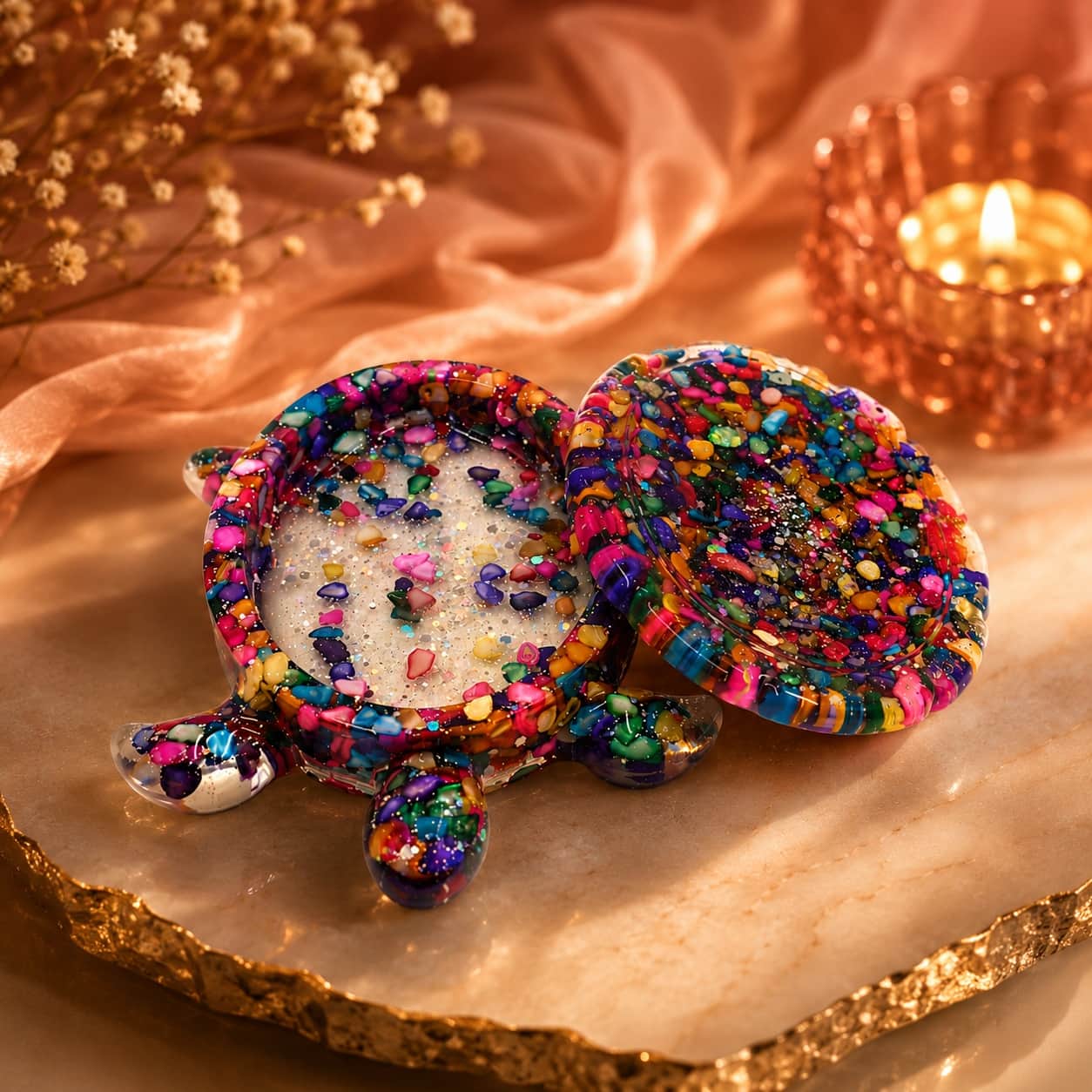 Turtle Crystal Trinket Box with Gemstone Chip Inlay – Decorative Keepsake & Jewellery Box Made By Resin. 1