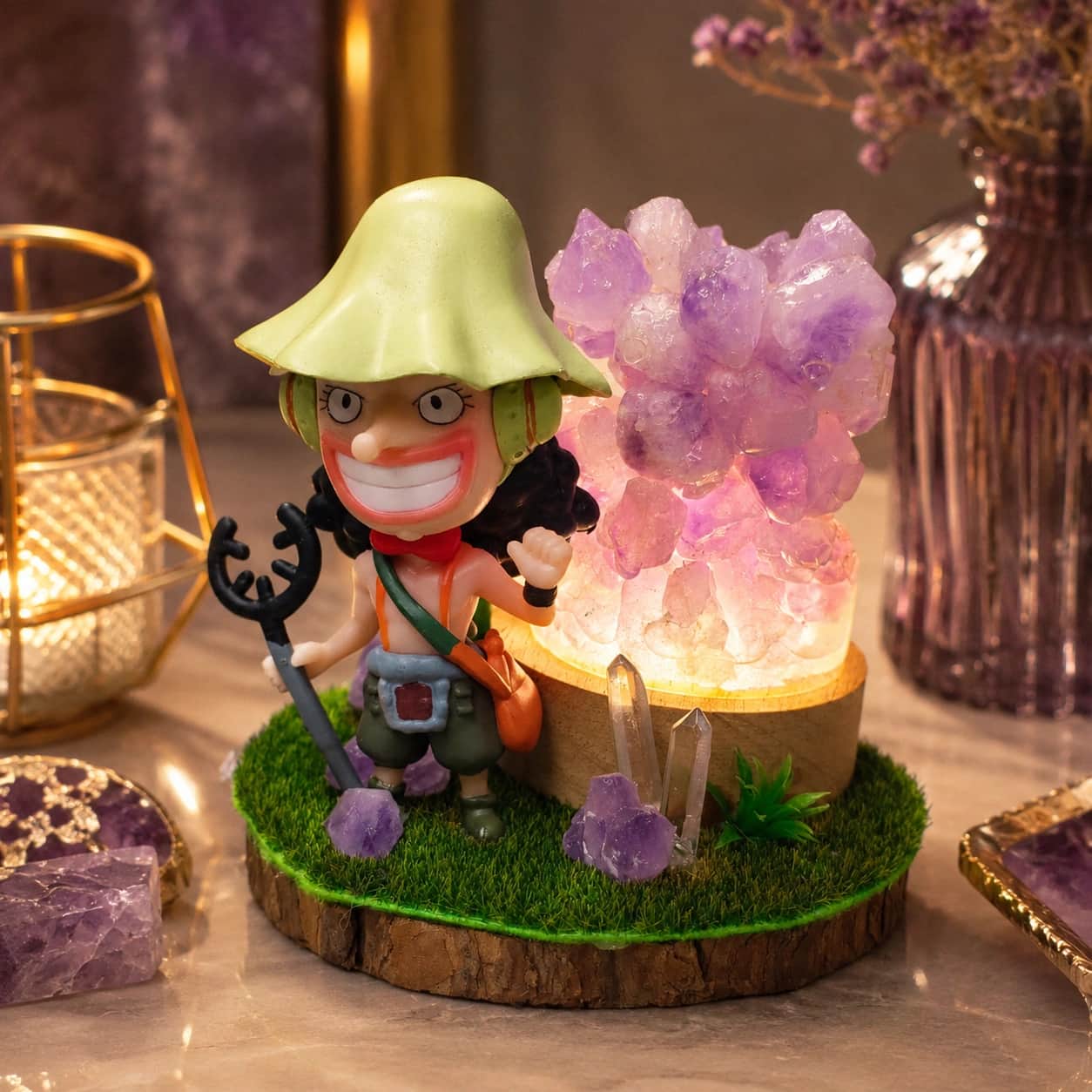 Crystal Adventurer LED Decorative Lamp, Anime-Style Figurine with a Natural Amethyst & Clear Quartz Cluster on Grass Base (10.7 cm) 2