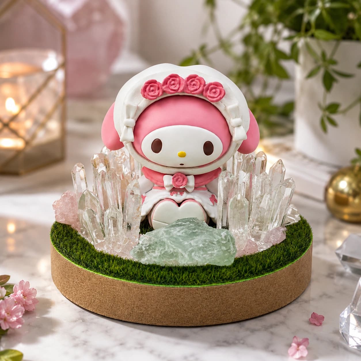 StoneMart Crystal Aura Display Decorative Lamp, Pink Bunny-Hooded Character Figurine with Natural Clear Quartz, Green Fluorite & Rose Quartz on Grass Base (10 cm)