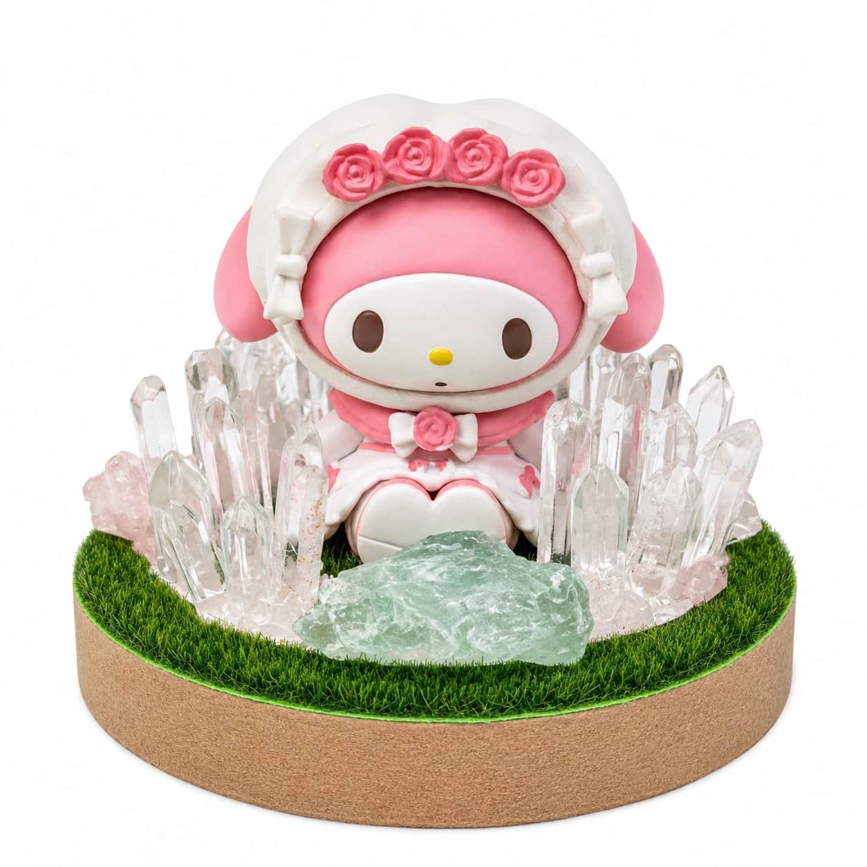 StoneMart Crystal Aura Display Decorative Lamp, Pink Bunny-Hooded Character Figurine with Natural Clear Quartz, Green Fluorite & Rose Quartz on Grass Base (10 cm) 2