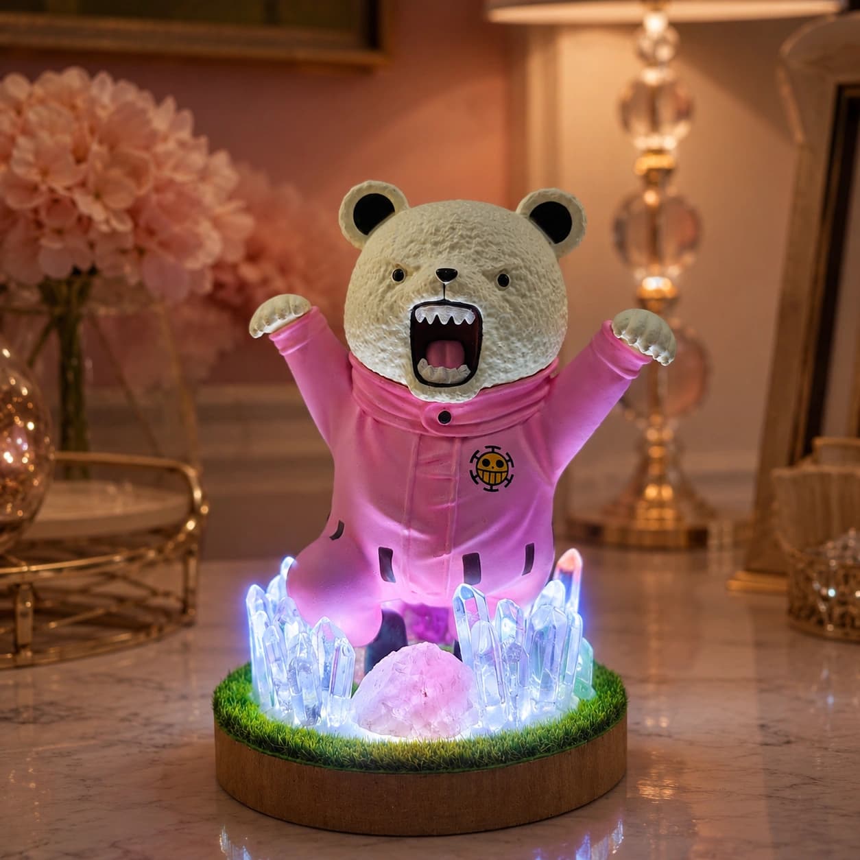 StoneMart Crystal Bear LED Decorative Lamp, Cheerful Bear Figurine in a Pink Boilersuit with Natural Clear Quartz & Rose Quartz on Grass Base (14.5 cm)