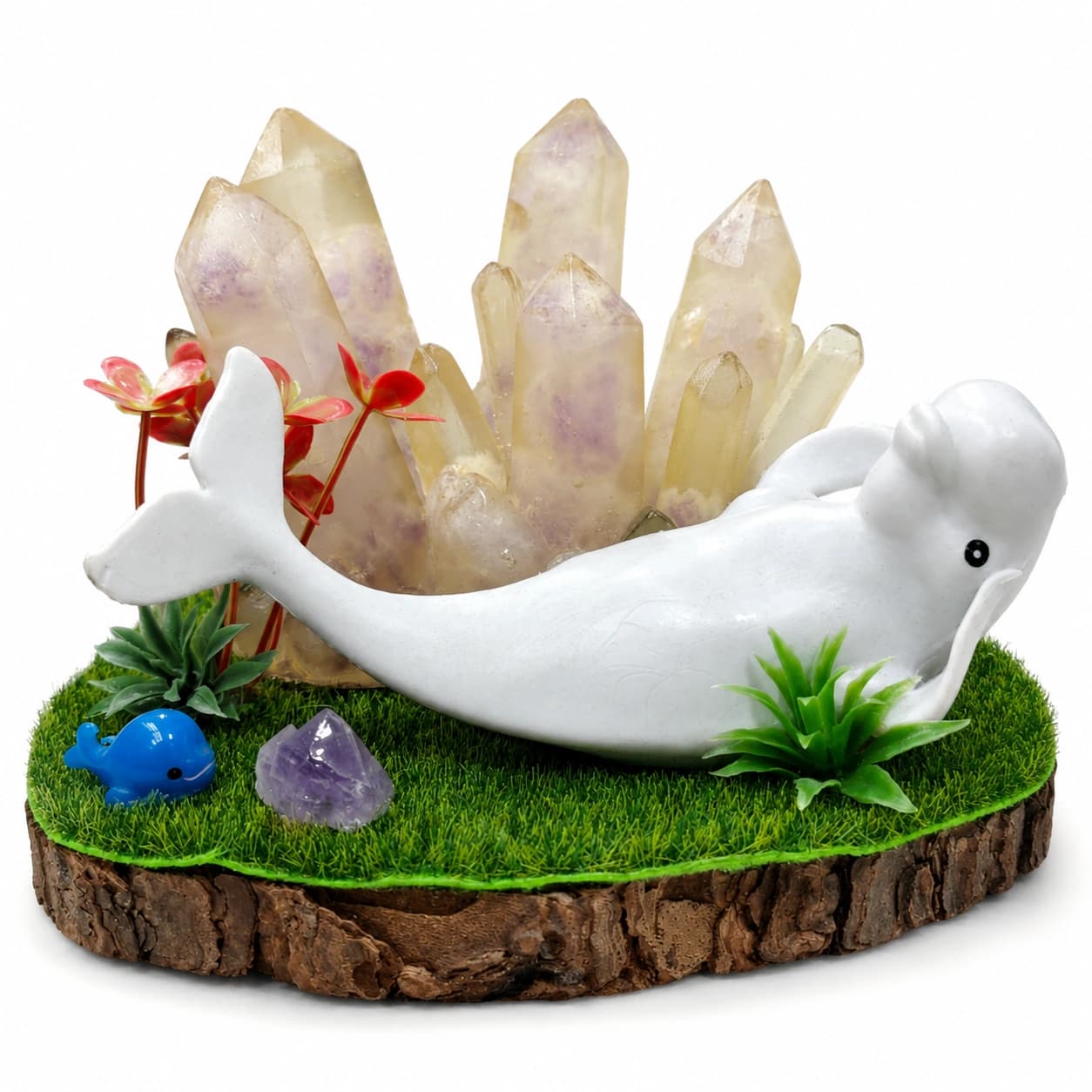 StoneMart Crystal Beluga Whale LED Decorative Lamp, White Whale Figurine with Natural Clear Quartz & Amethyst on Natural Wood-Bark Grass Base (8.7 cm)