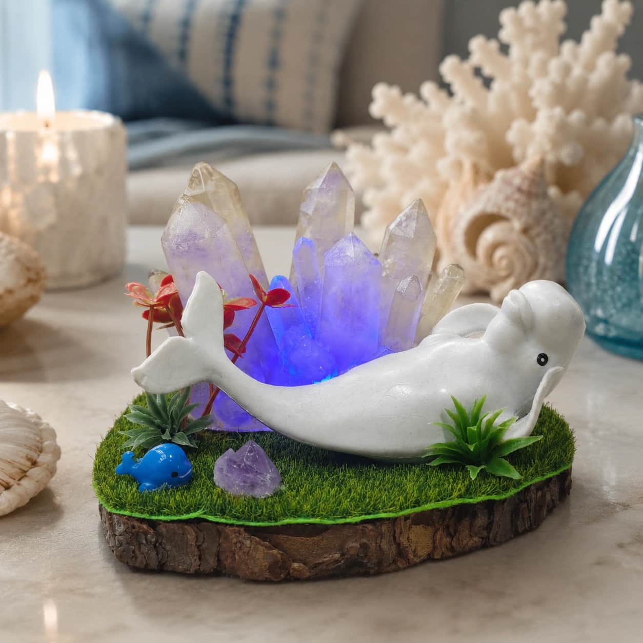 StoneMart Crystal Beluga Whale LED Decorative Lamp, White Whale Figurine with Natural Clear Quartz & Amethyst on Natural Wood-Bark Grass Base (8.7 cm) 2