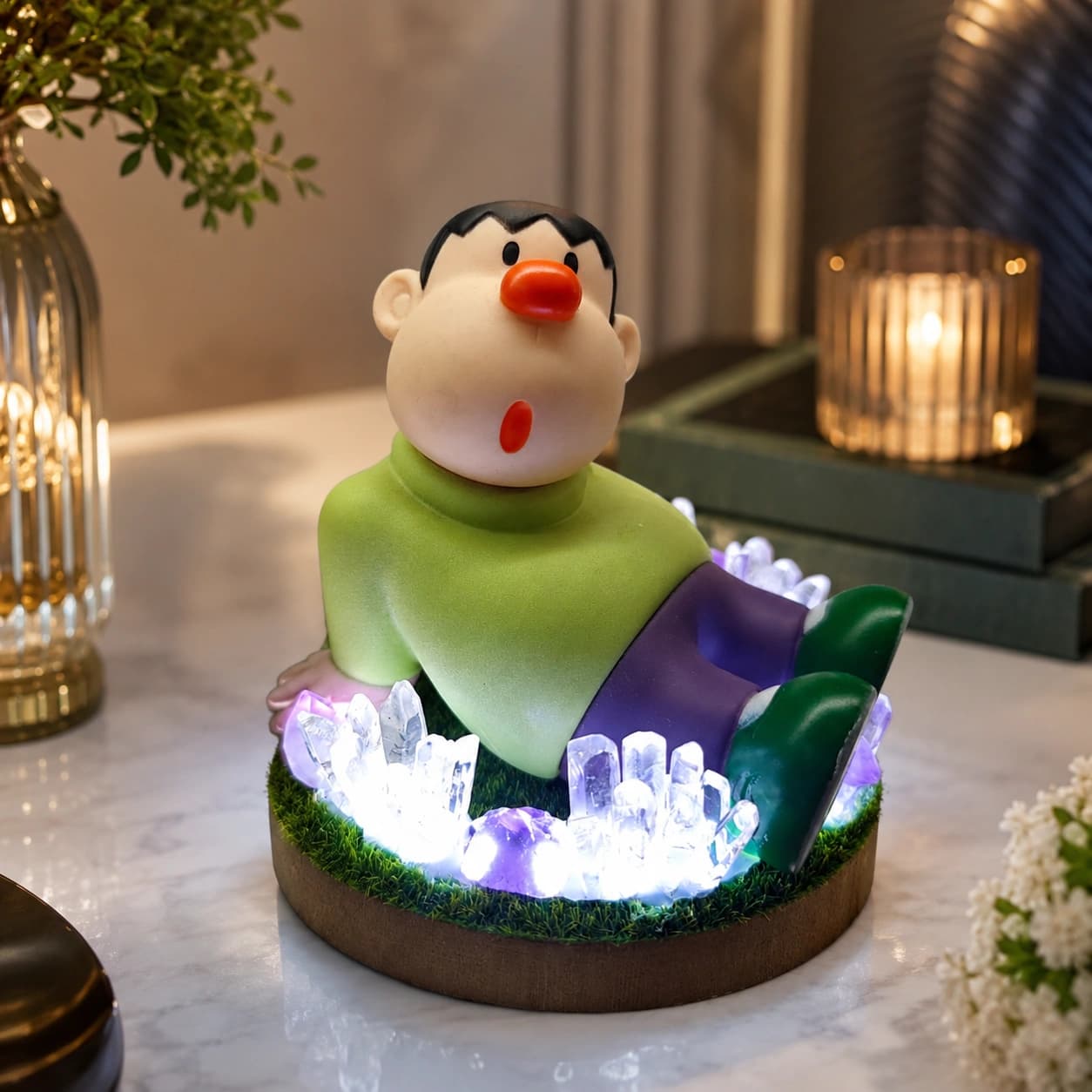 StoneMart Crystal Cartoon Boy LED Decorative Lamp, Reclining Character Figurine with Natural Amethyst & Clear Quartz on Grass Base (13.2 cm)