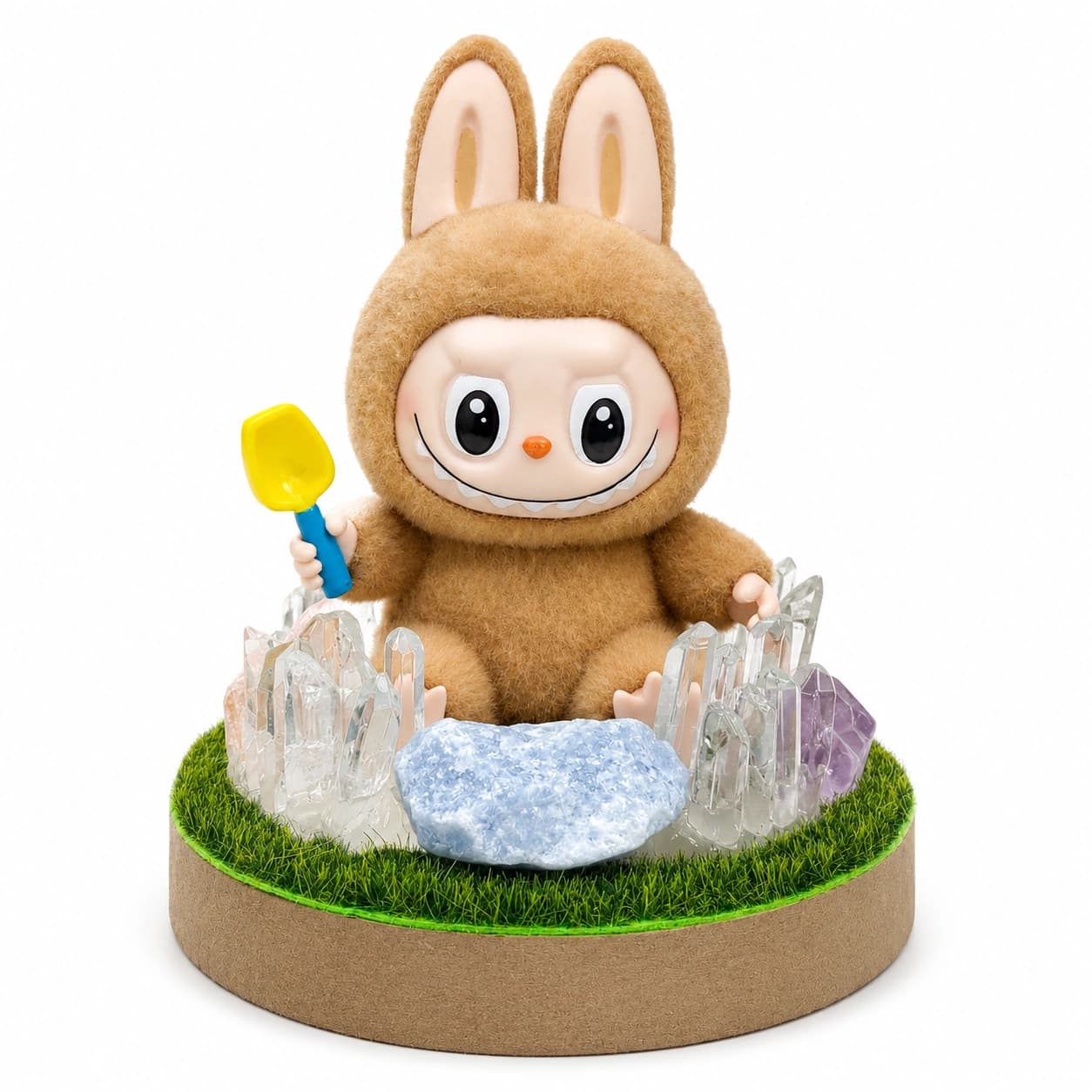 StoneMart Crystal Guardian LED Decorative Lamp, Brown Flocked Bunny Creature Figurine with Toy Shovel & Natural Clear Quartz, Blue Calcite & Amethyst on Grass Base (12.6 cm)