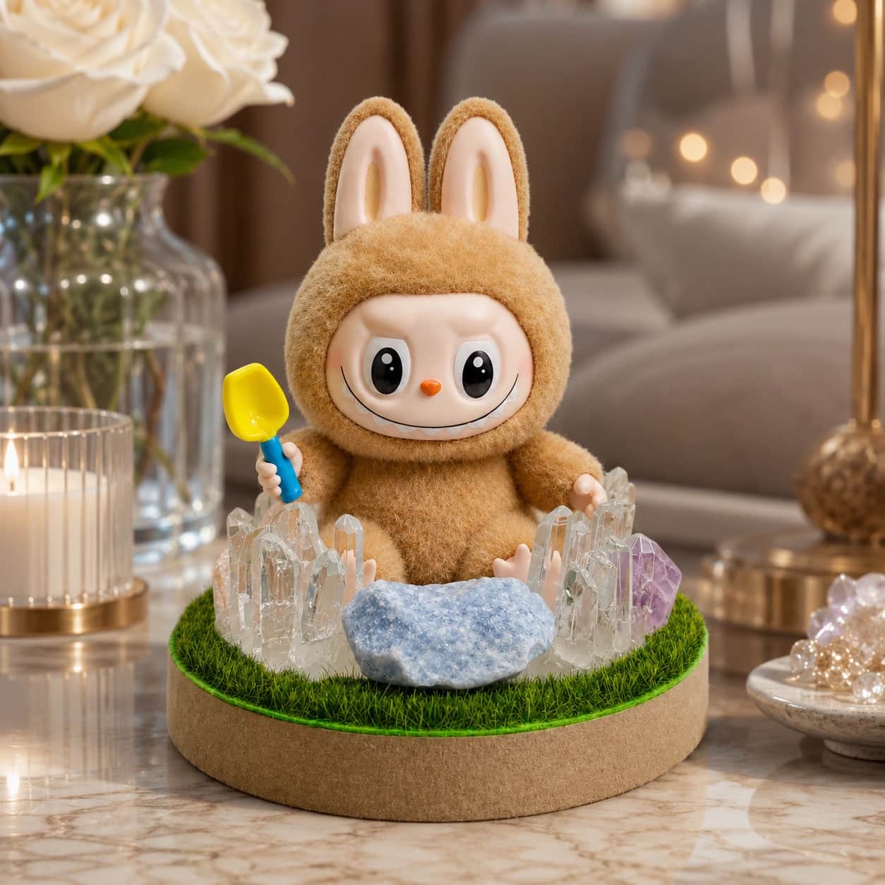 StoneMart Crystal Guardian LED Decorative Lamp, Brown Flocked Bunny Creature Figurine with Toy Shovel & Natural Clear Quartz, Blue Calcite & Amethyst on Grass Base (12.6 cm) 2