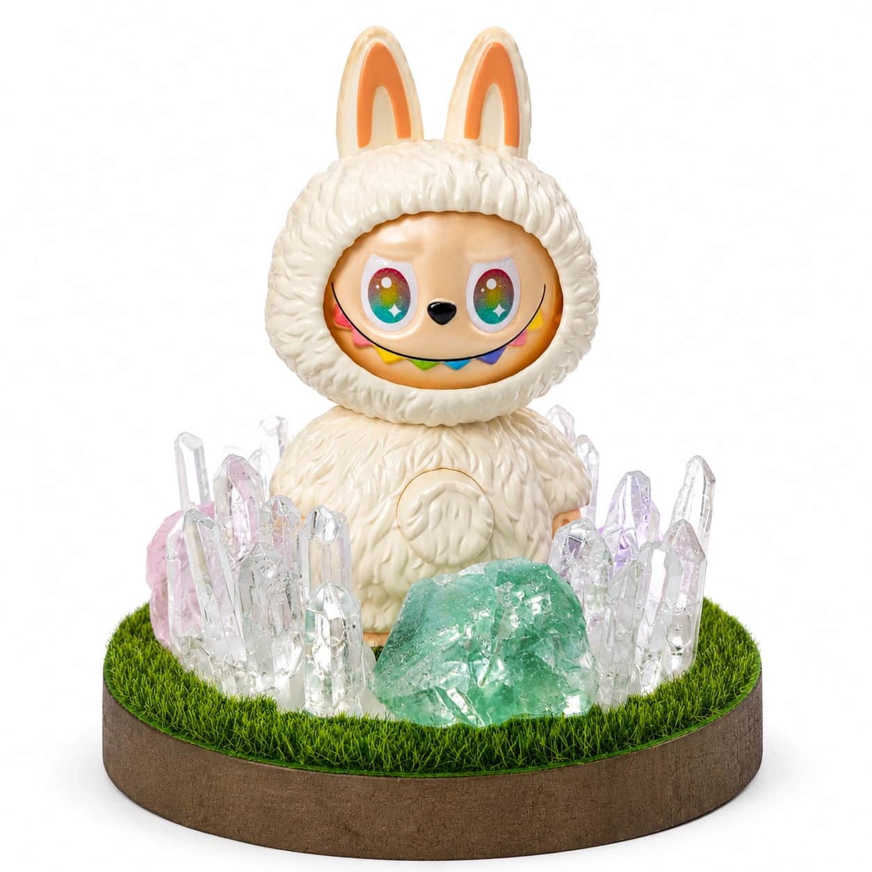 StoneMart Crystal Guardian LED Decorative Lamp, Cream Bunny Creature Figurine with Natural Clear Quartz, Green Fluorite & Rose Quartz on Grass Base (12 cm) 1