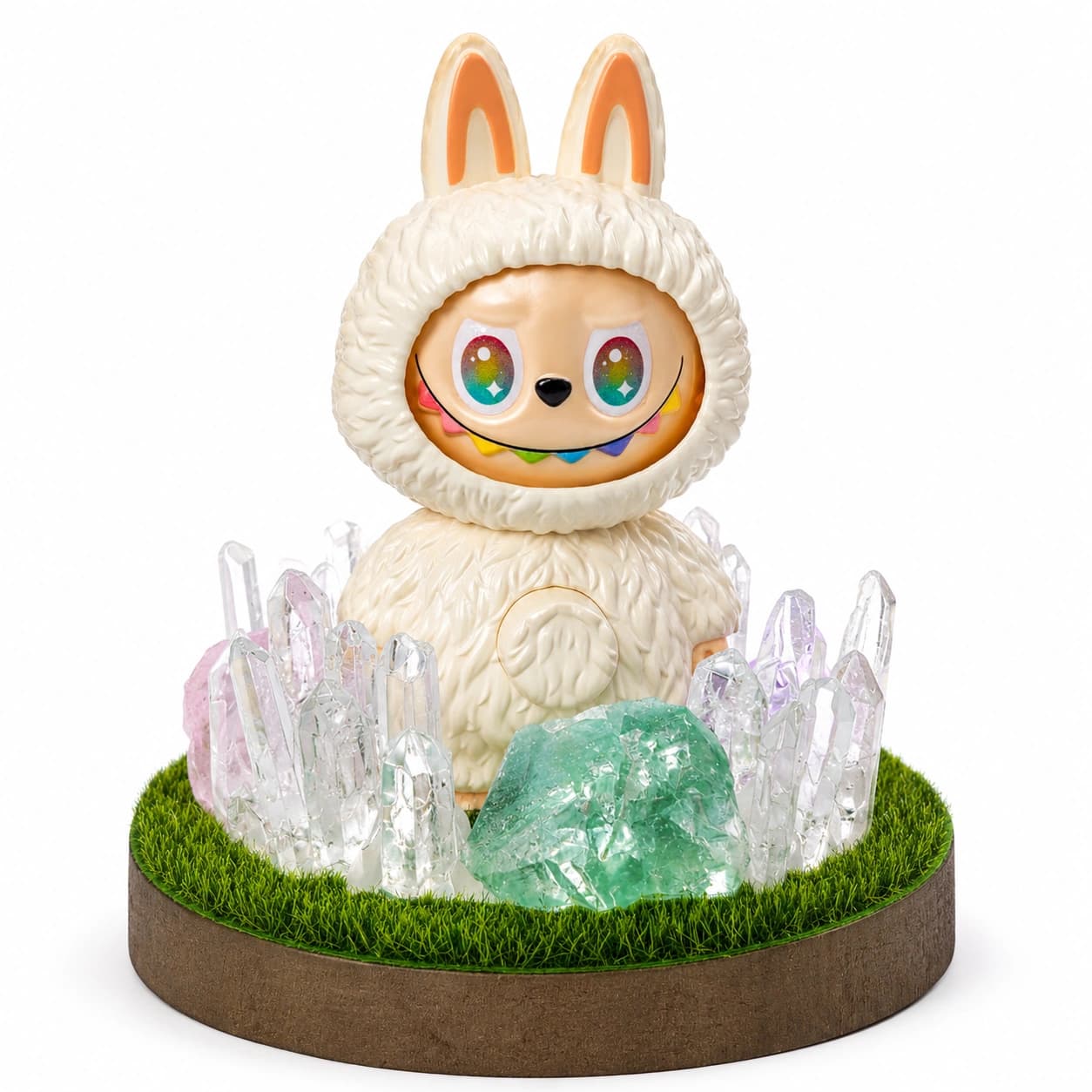 StoneMart Crystal Guardian LED Decorative Lamp, Cream Bunny Creature Figurine with Natural Clear Quartz, Green Fluorite & Rose Quartz on Grass Base (12 cm)