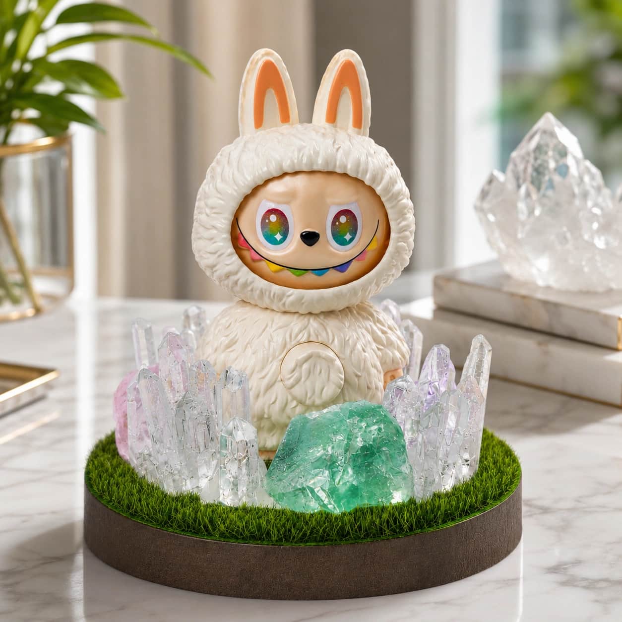 StoneMart Crystal Guardian LED Decorative Lamp, Cream Bunny Creature Figurine with Natural Clear Quartz, Green Fluorite & Rose Quartz on Grass Base (12 cm) 2
