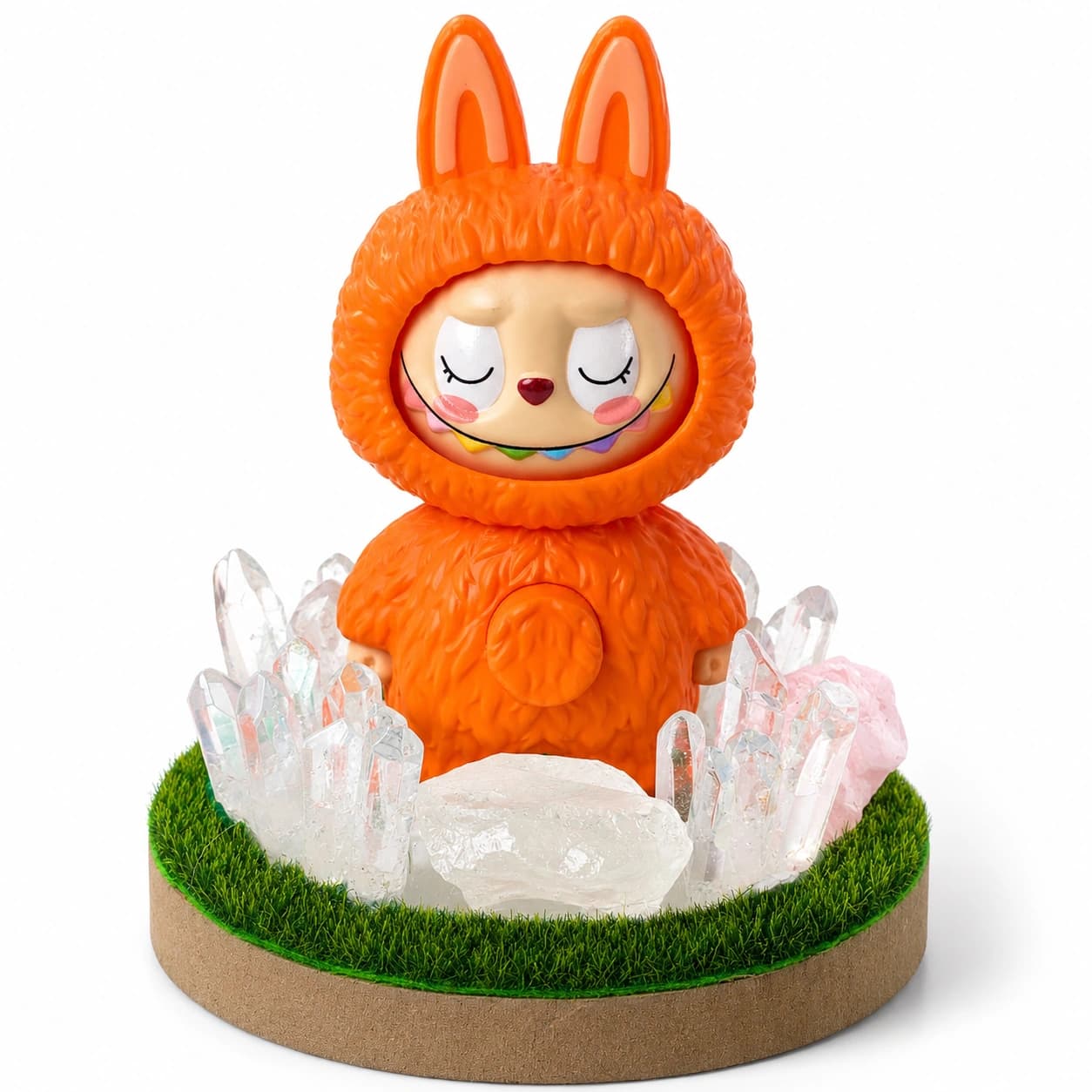 StoneMart Crystal Guardian LED Decorative Lamp Orange Bunny Creature Figurine with Natural Clear Quartz & Rose Quartz on Grass Base (12 cm)