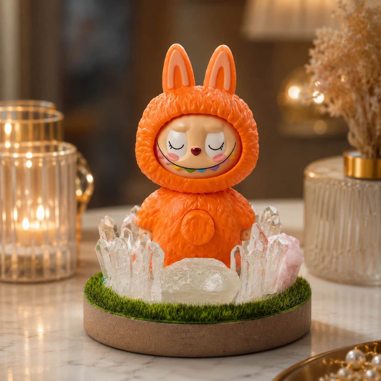 StoneMart Crystal Guardian LED Decorative Lamp Orange Bunny Creature Figurine with Natural Clear Quartz & Rose Quartz on Grass Base (12 cm) 2