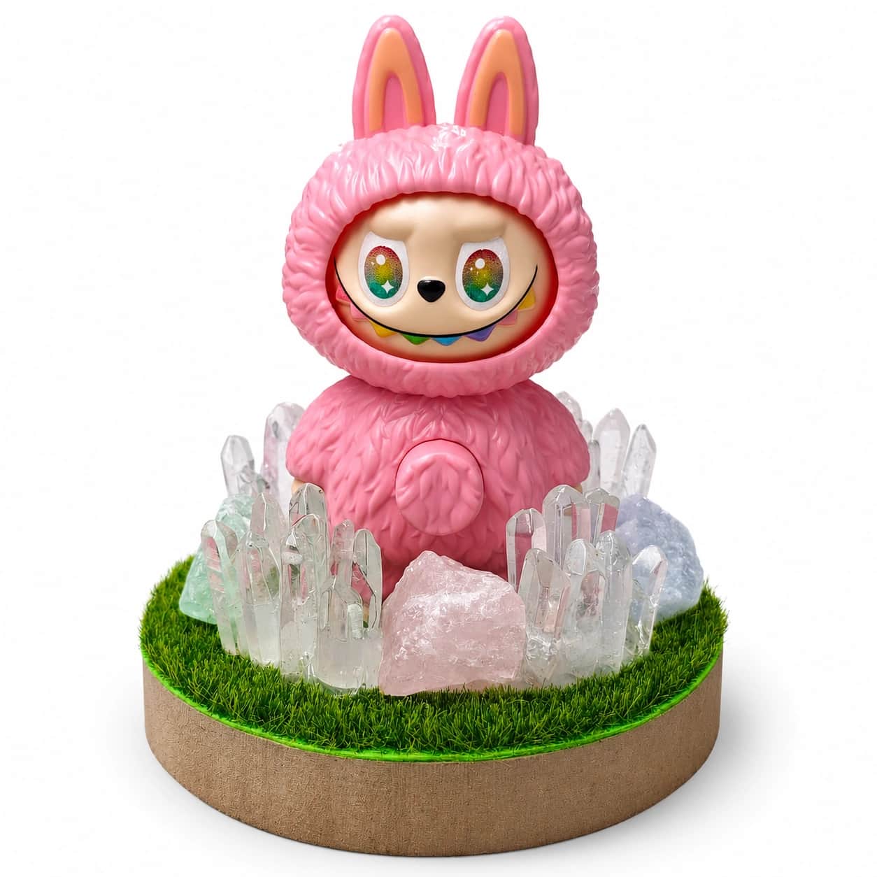 StoneMart Crystal Guardian LED Decorative Lamp, Pink Bunny Creature Figurine with Natural Clear Quartz, Rose Quartz, Green Fluorite & Blue Calcite on Grass Base (11 cm) 2
