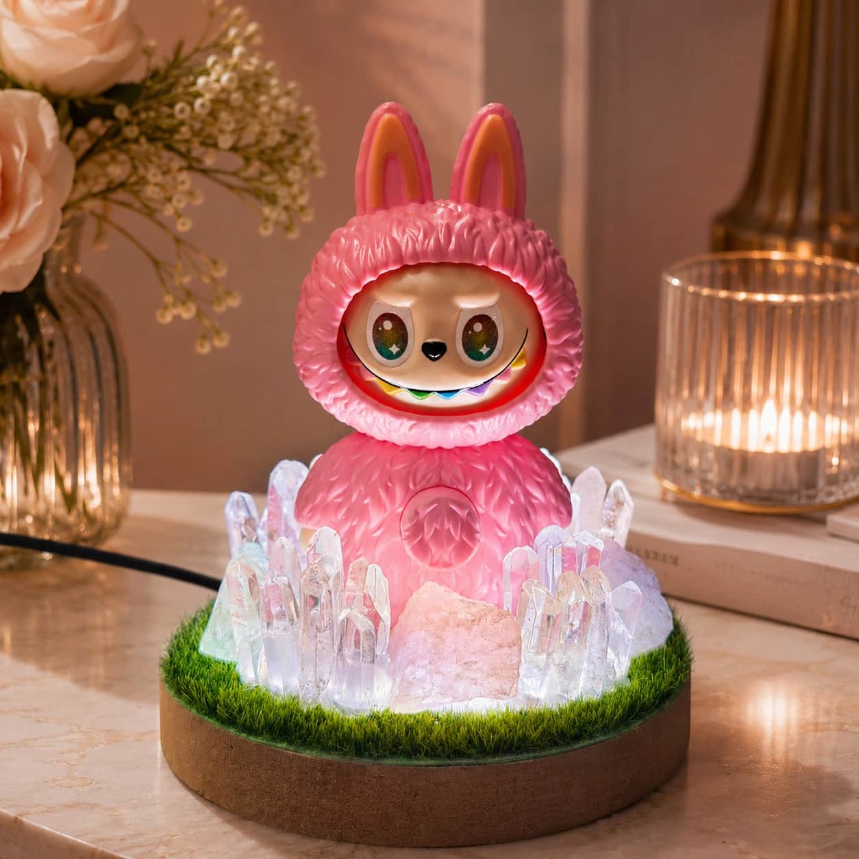 StoneMart Crystal Guardian LED Decorative Lamp, Pink Bunny Creature Figurine with Natural Clear Quartz, Rose Quartz, Green Fluorite & Blue Calcite on Grass Base (11 cm) 1
