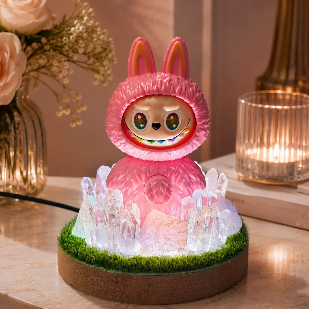 StoneMart Crystal Guardian LED Decorative Lamp, Pink Bunny Creature Figurine with Natural Clear Quartz, Rose Quartz, Green Fluorite & Blue Calcite on Grass Base (11 cm)