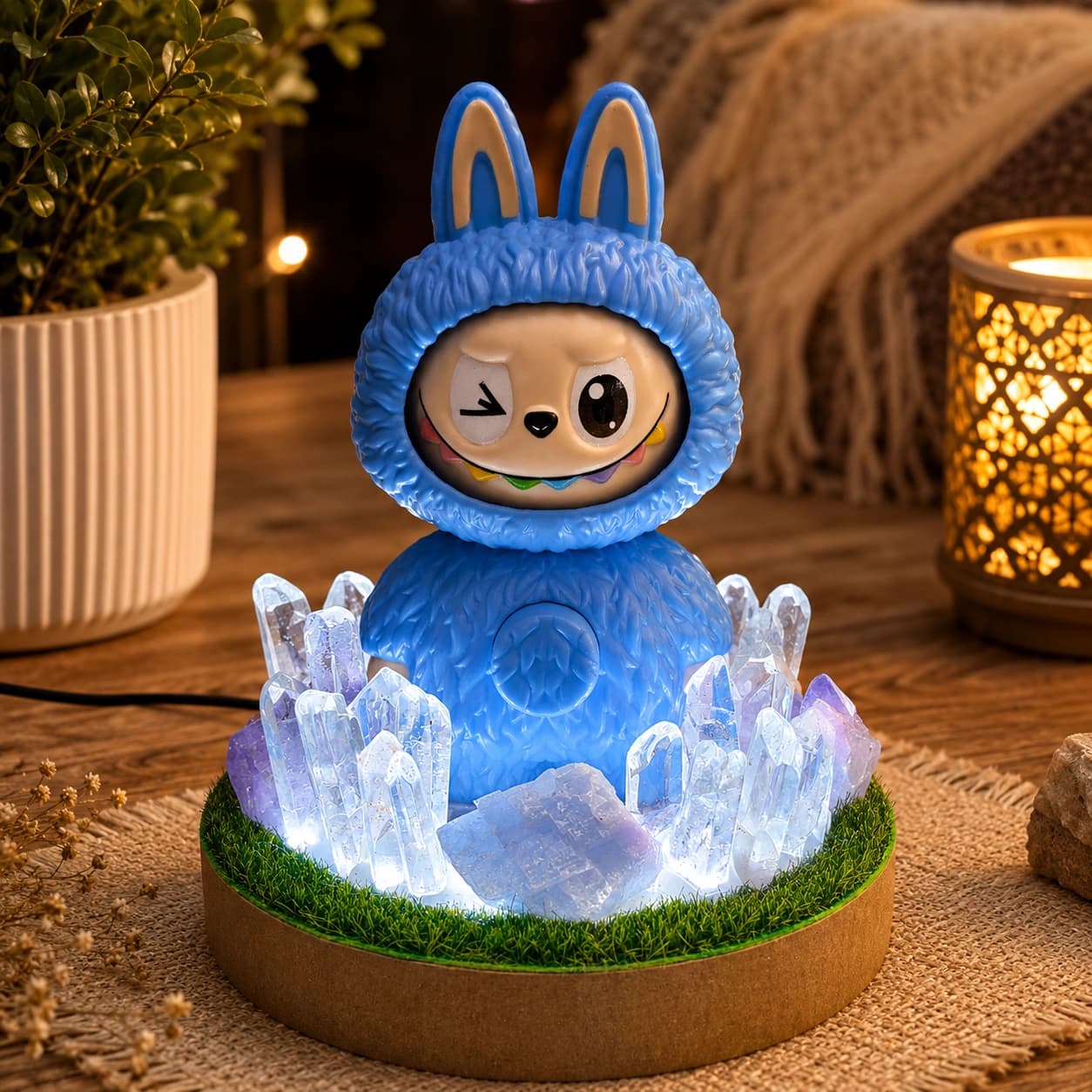 StoneMart Crystal Guardian Multi-Color LED Decorative Lamp, Blue Bunny Creature Figurine with Natural Clear Quartz, Blue Calcite, Amethyst & Rose Quartz on Grass Base (12 cm)