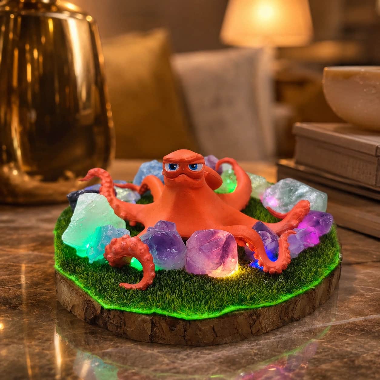 StoneMart Crystal Octopus LED Decorative Lamp, Orange Octopus Figurine with Natural Amethyst, Green Fluorite, Rose Quartz & Blue Calcite on Natural Wood-Bark Grass Base (5.5 cm) 2