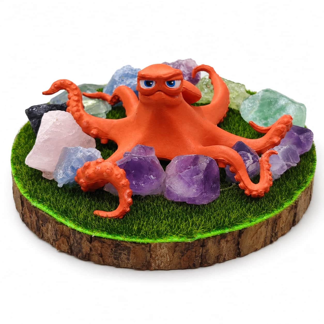 StoneMart Crystal Octopus LED Decorative Lamp, Orange Octopus Figurine with Natural Amethyst, Green Fluorite, Rose Quartz & Blue Calcite on Natural Wood-Bark Grass Base (5.5 cm) 1