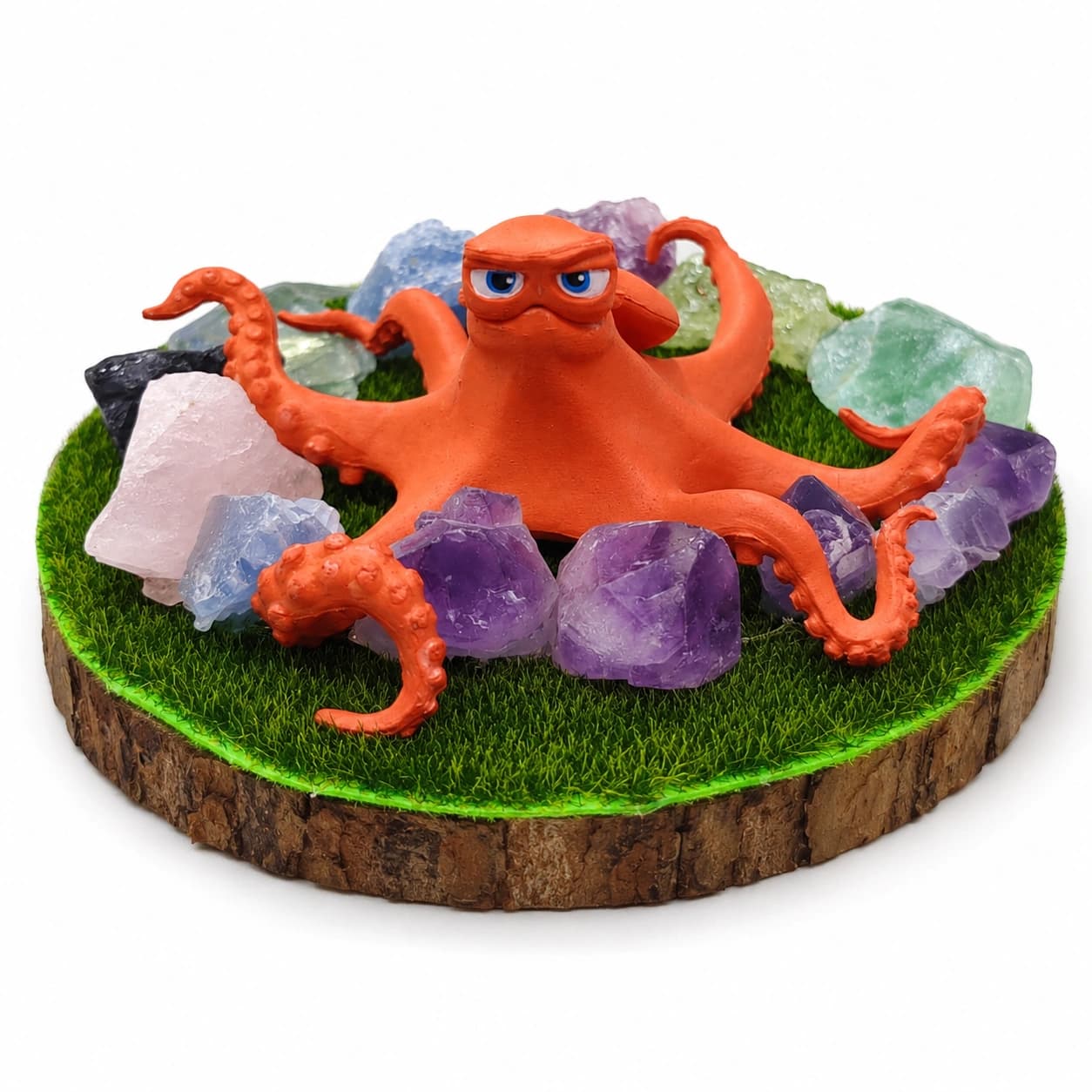 StoneMart Crystal Octopus LED Decorative Lamp, Orange Octopus Figurine with Natural Amethyst, Green Fluorite, Rose Quartz & Blue Calcite on Natural Wood-Bark Grass Base (5.5 cm)