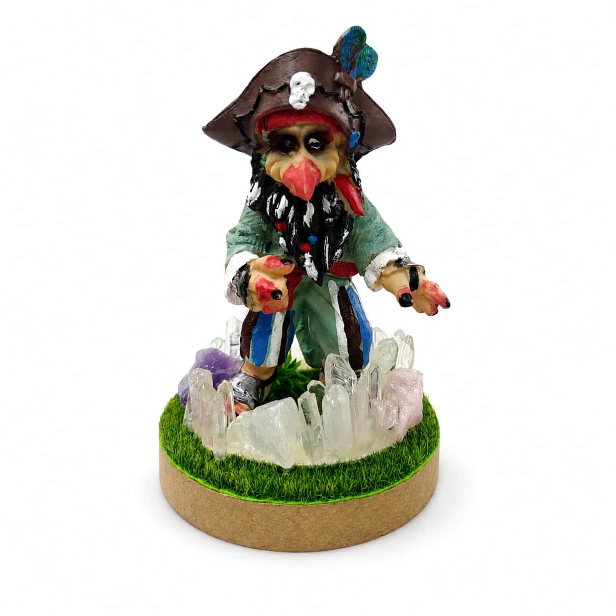 Crystal Pirate Captain LED Decorative Lamp, Hand-Painted Pirate Figurine with Natural Clear Quartz, Amethyst & Rose Quartz on Grass Base (13.8 cm) 2
