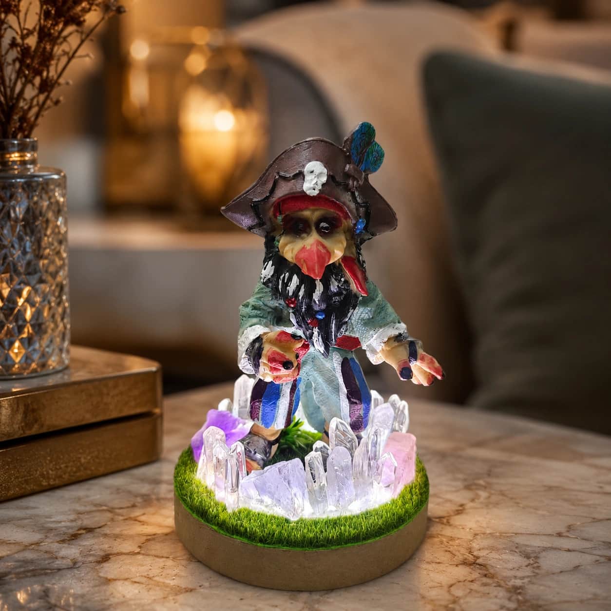 Crystal Pirate Captain LED Decorative Lamp, Hand-Painted Pirate Figurine with Natural Clear Quartz, Amethyst & Rose Quartz on Grass Base (13.8 cm) 1
