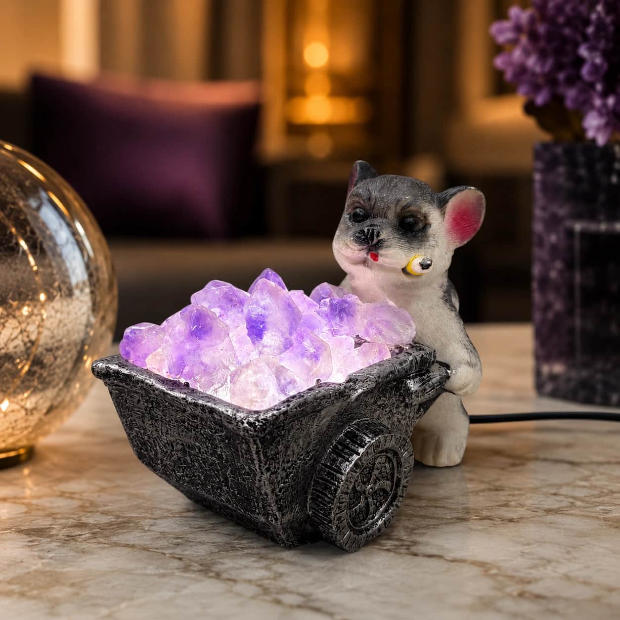 StoneMart Crystal Puppy Cart LED Decorative Lamp, Dog Figurine Pushing a Wheelbarrow of Natural Amethyst Crystals (8.6 cm) 1
