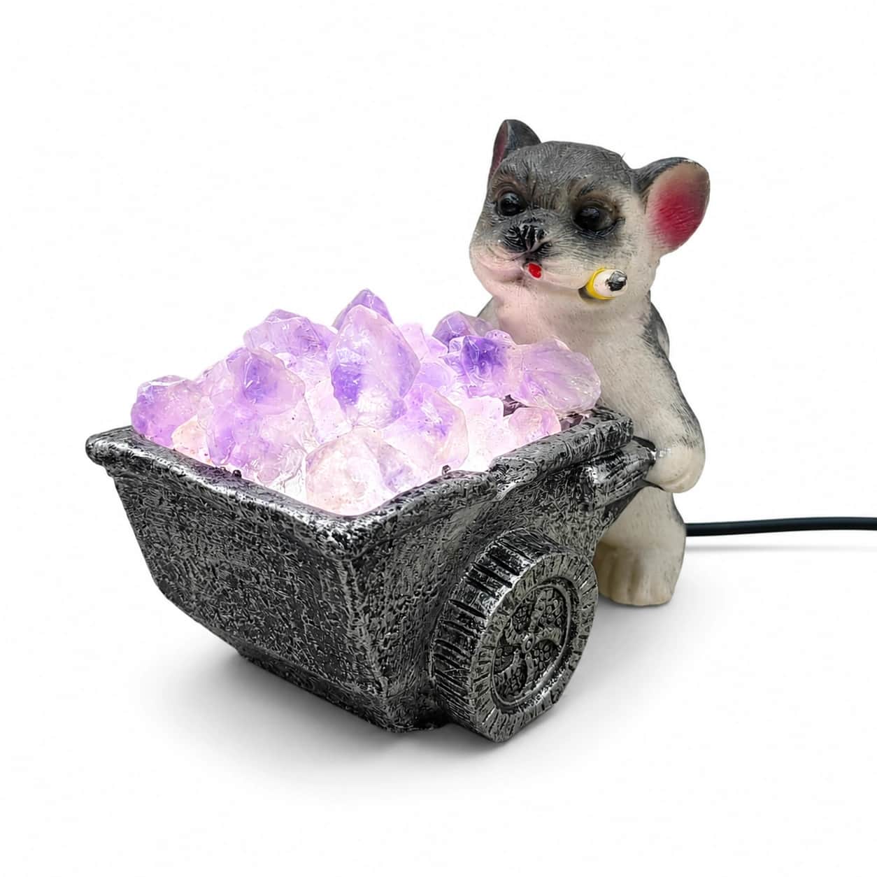 StoneMart Crystal Puppy Cart LED Decorative Lamp, Dog Figurine Pushing a Wheelbarrow of Natural Amethyst Crystals (8.6 cm) 2