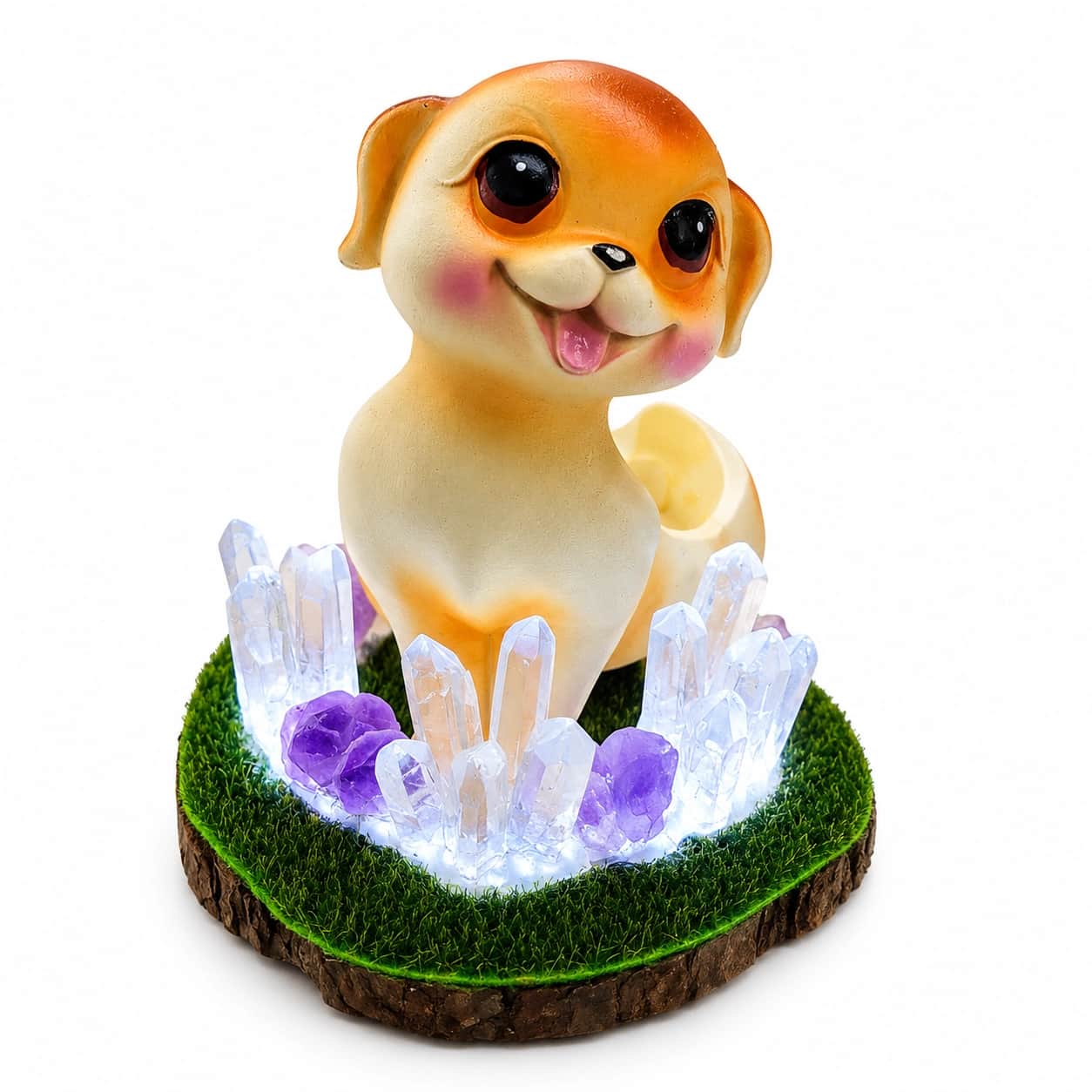 StoneMart Crystal Puppy Glow LED Decorative Lamp, Cute Dog Figurine with Natural Clear Quartz & Amethyst on Grass Base (11.3 cm) 2